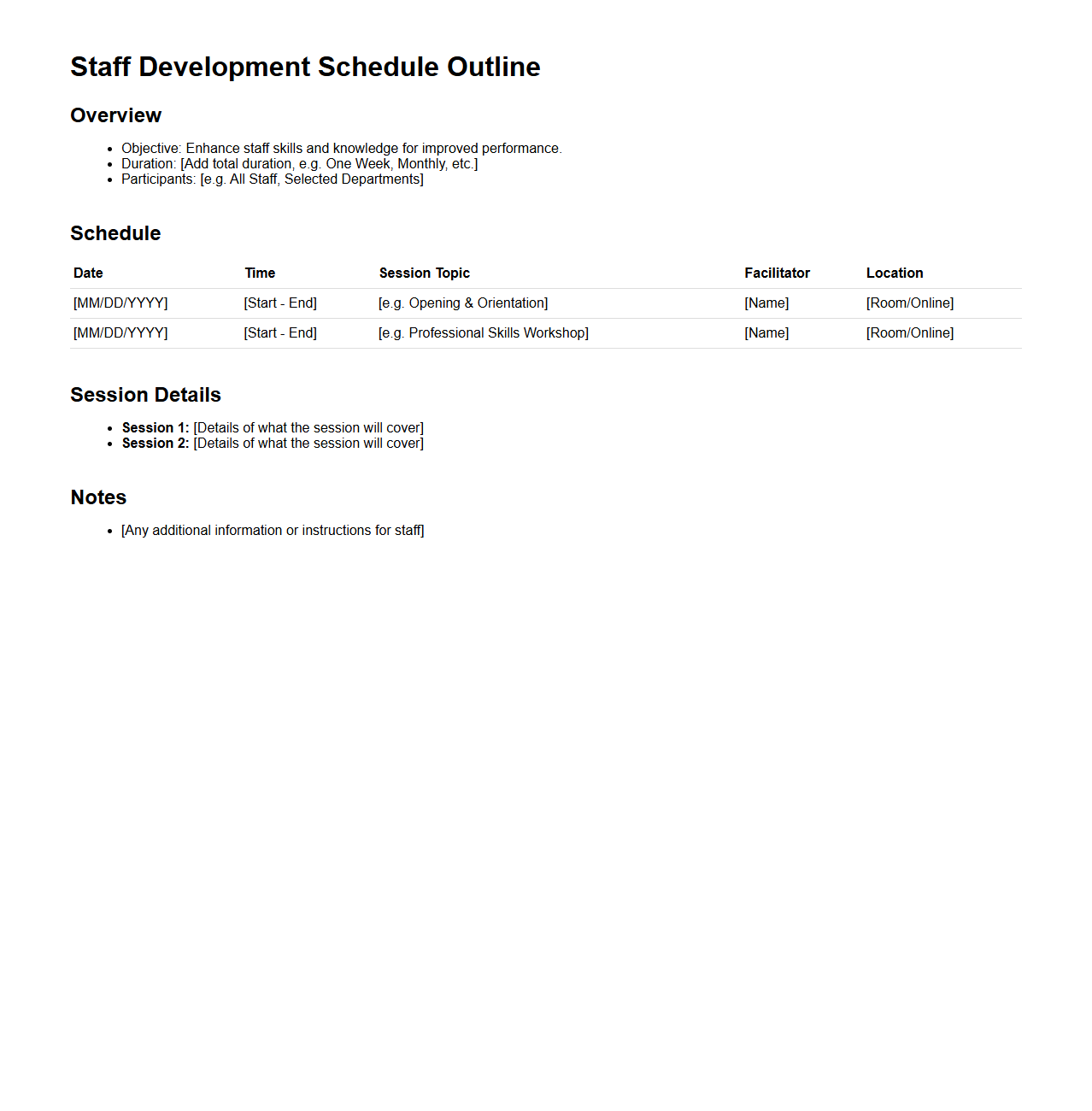 Staff Development Schedule Outline