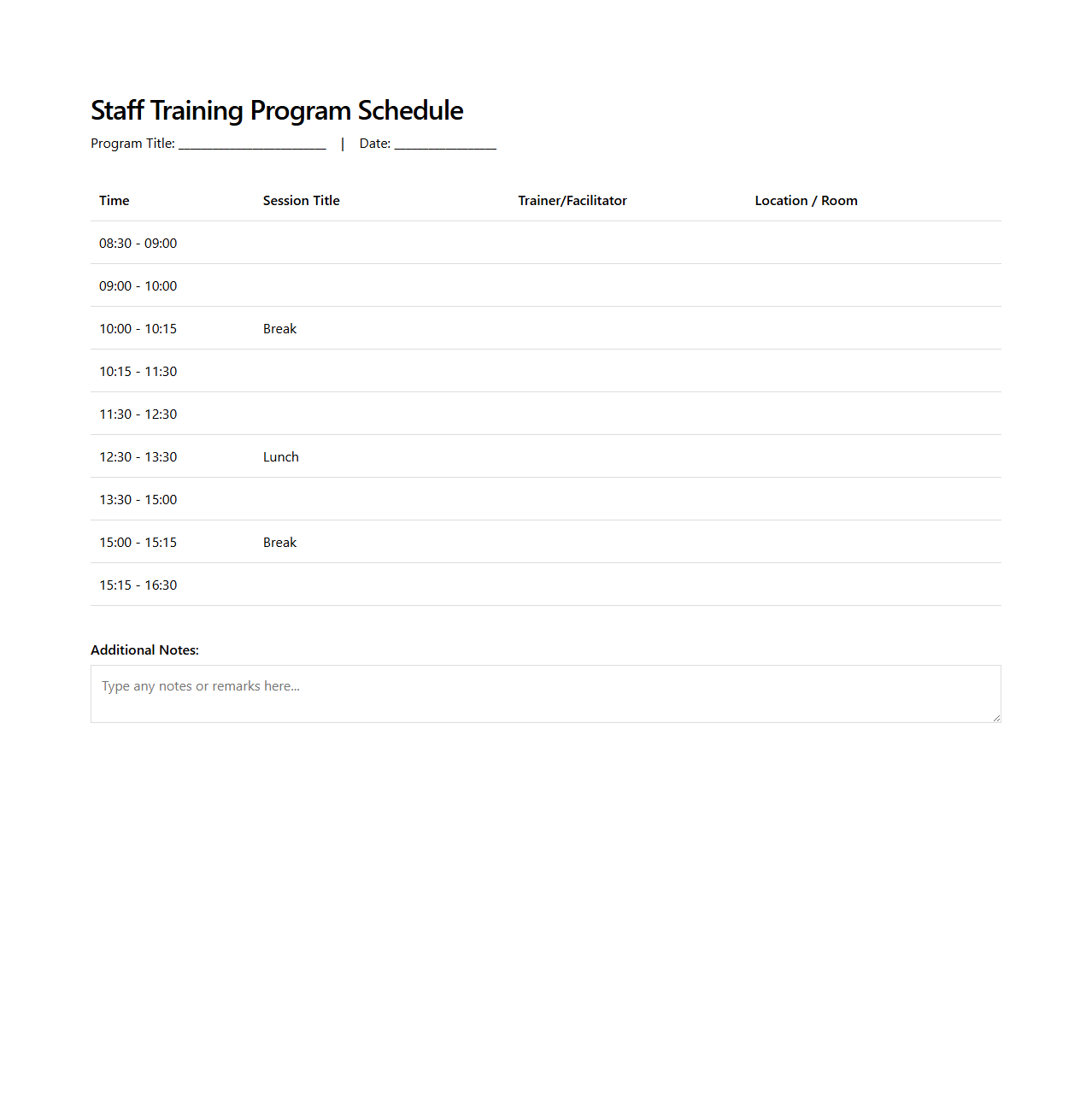 Staff Training Program Schedule Template
