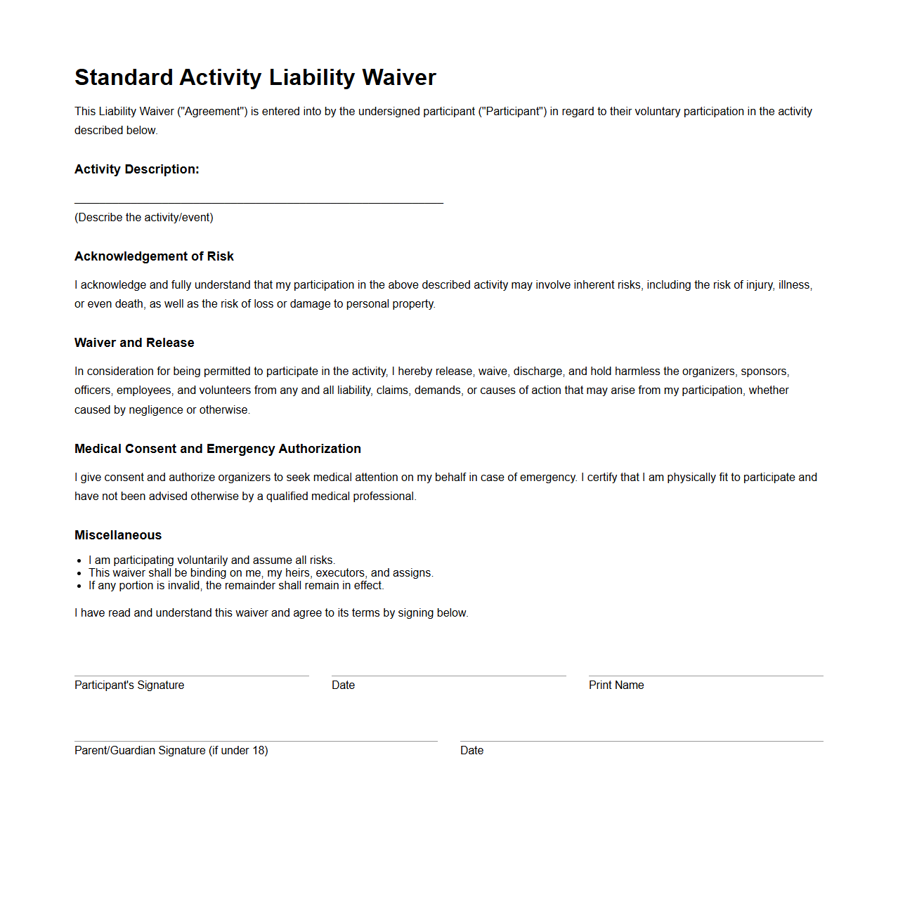 Standard Activity Liability Waiver Template