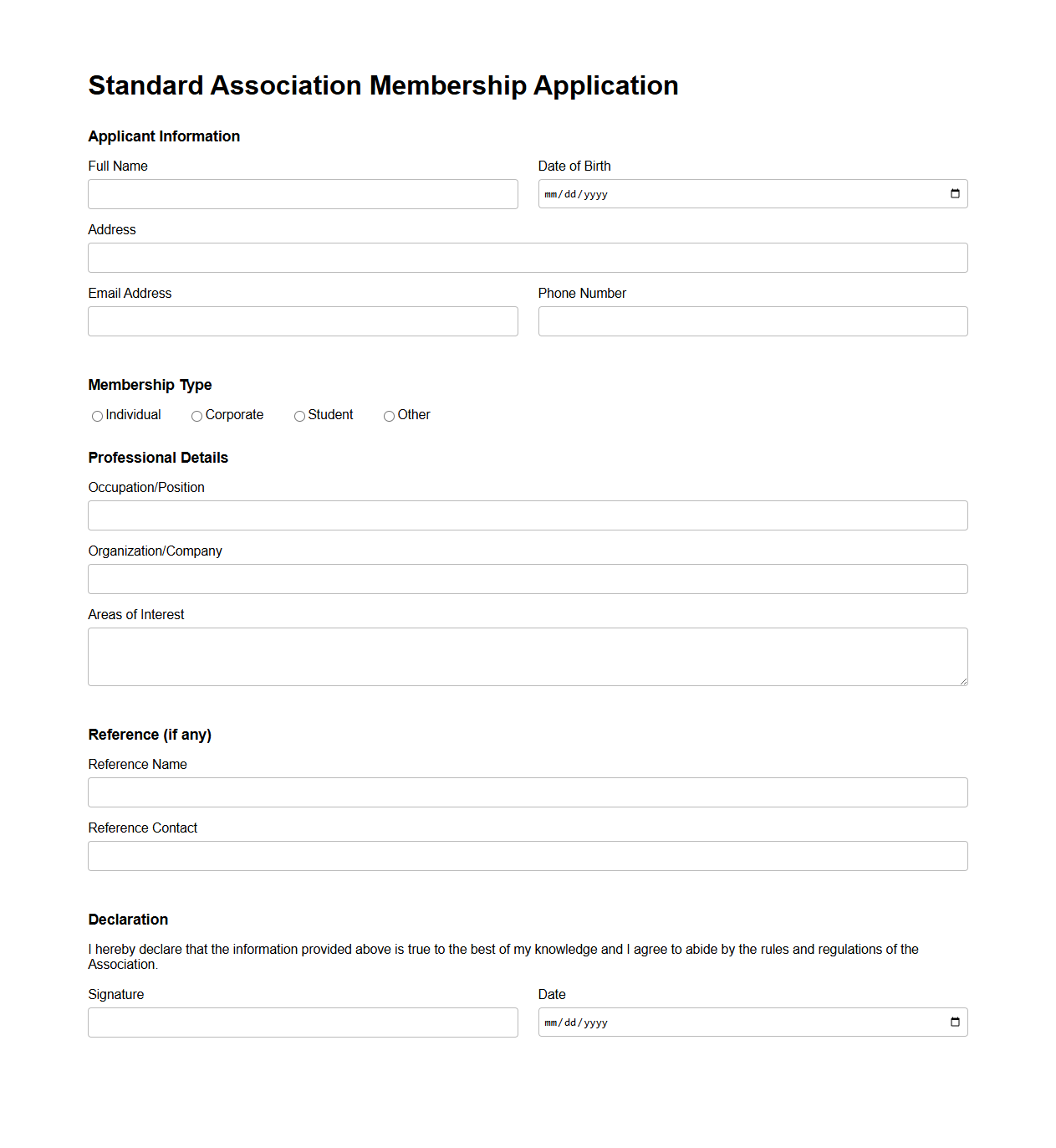 Standard Association Membership Application Format