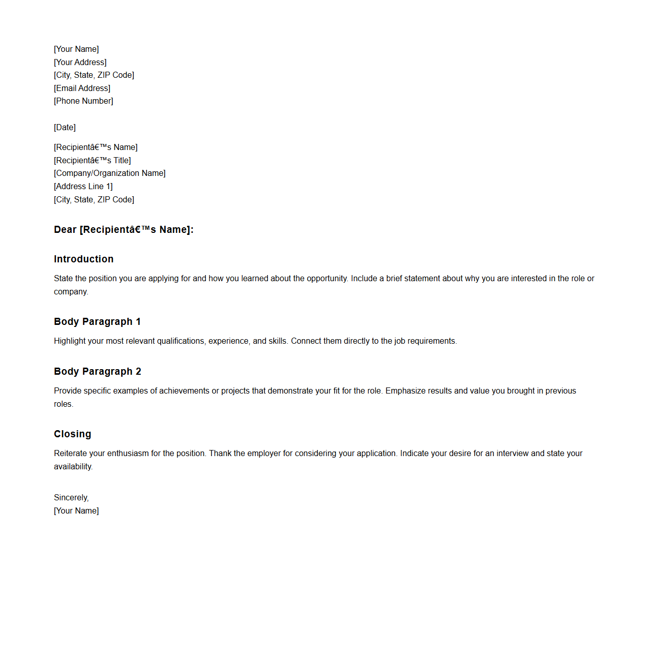 Standard Cover Letter Outline for Applicants