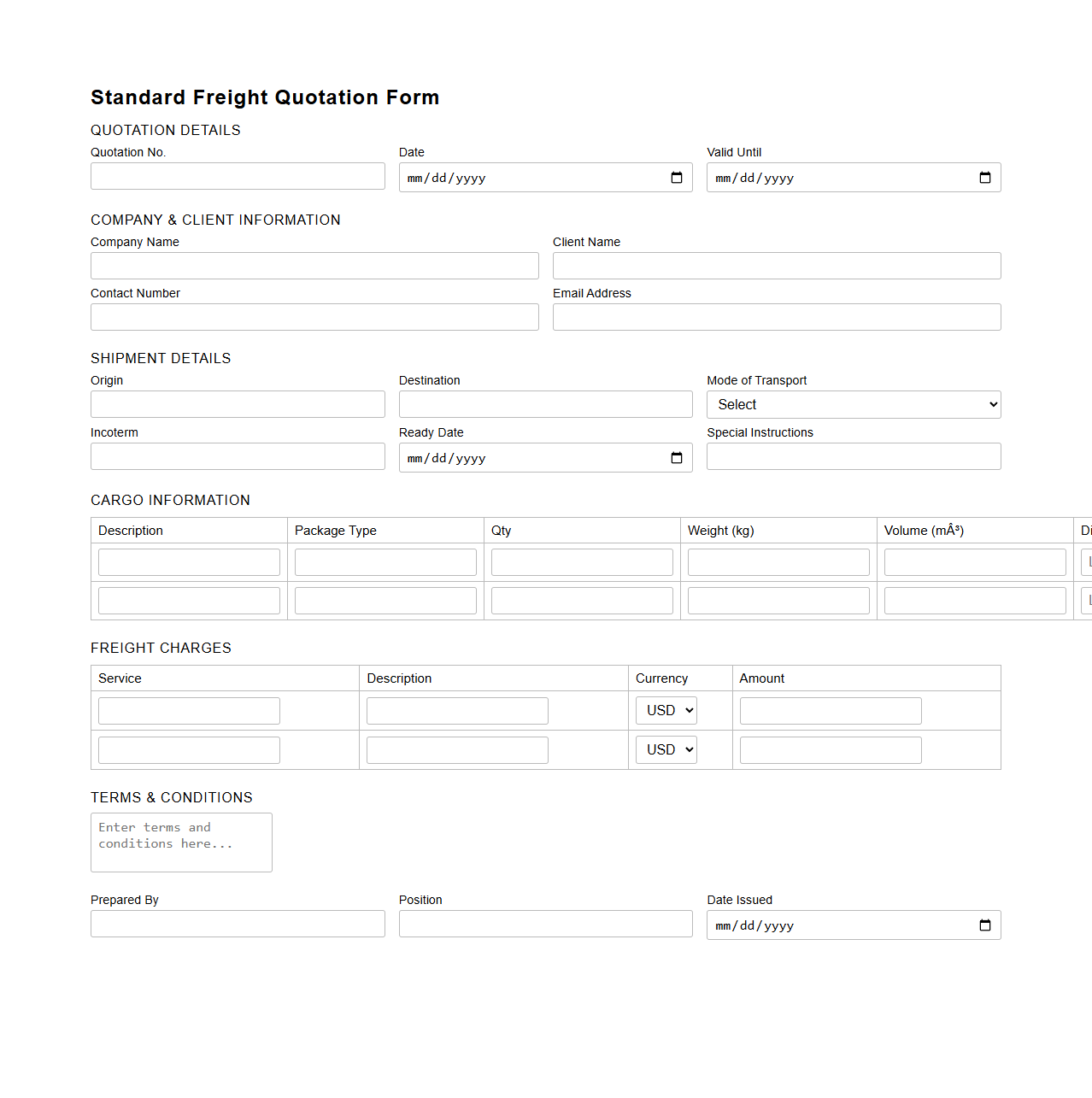 Standard Freight Quotation Form