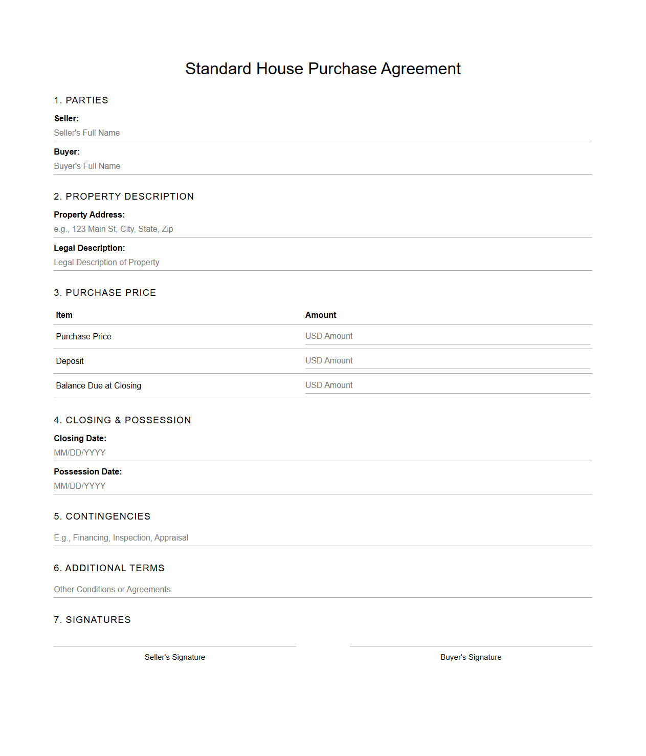 Standard House Purchase Agreement Format