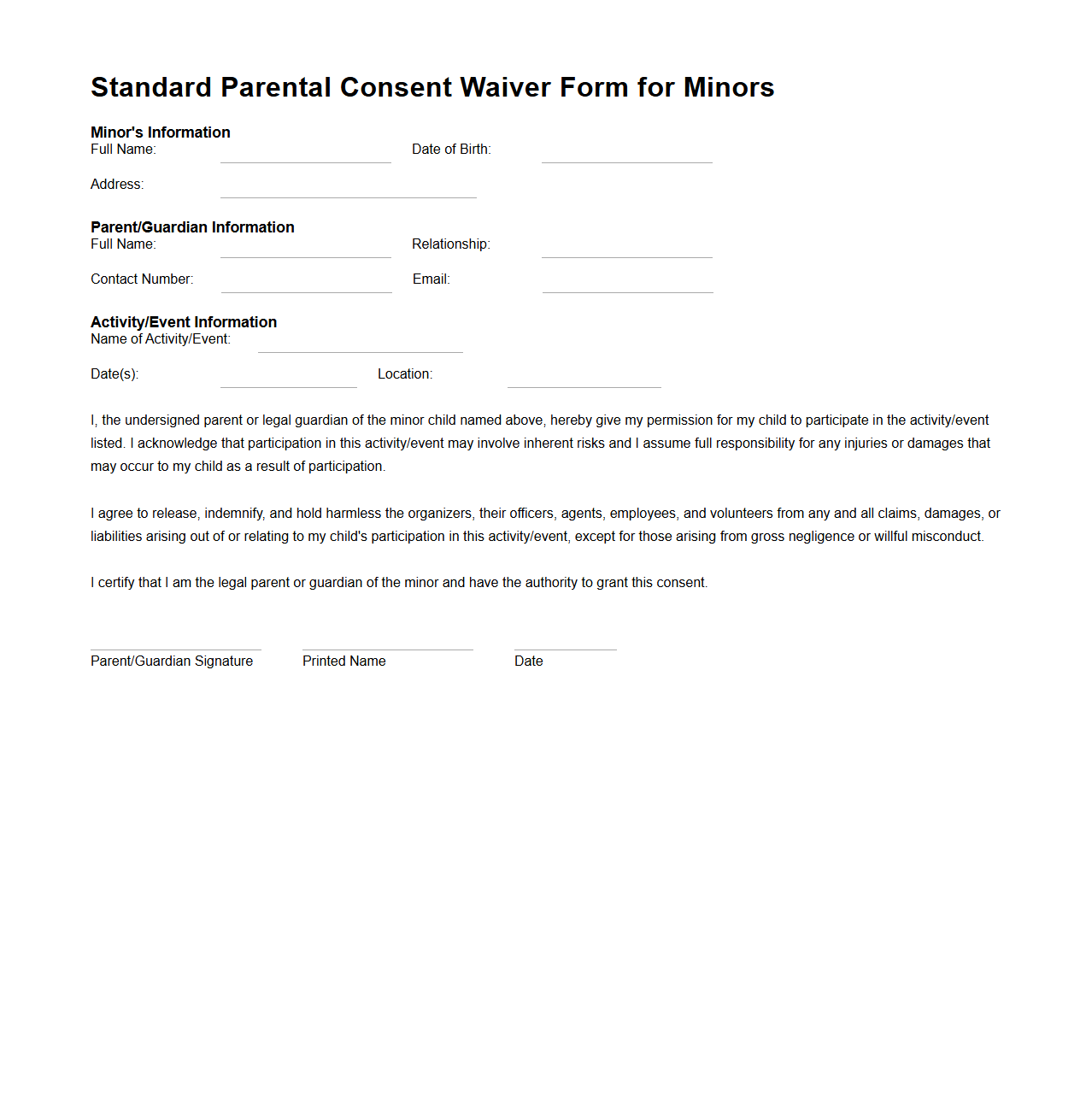 Standard Parental Consent Waiver Form for Minors