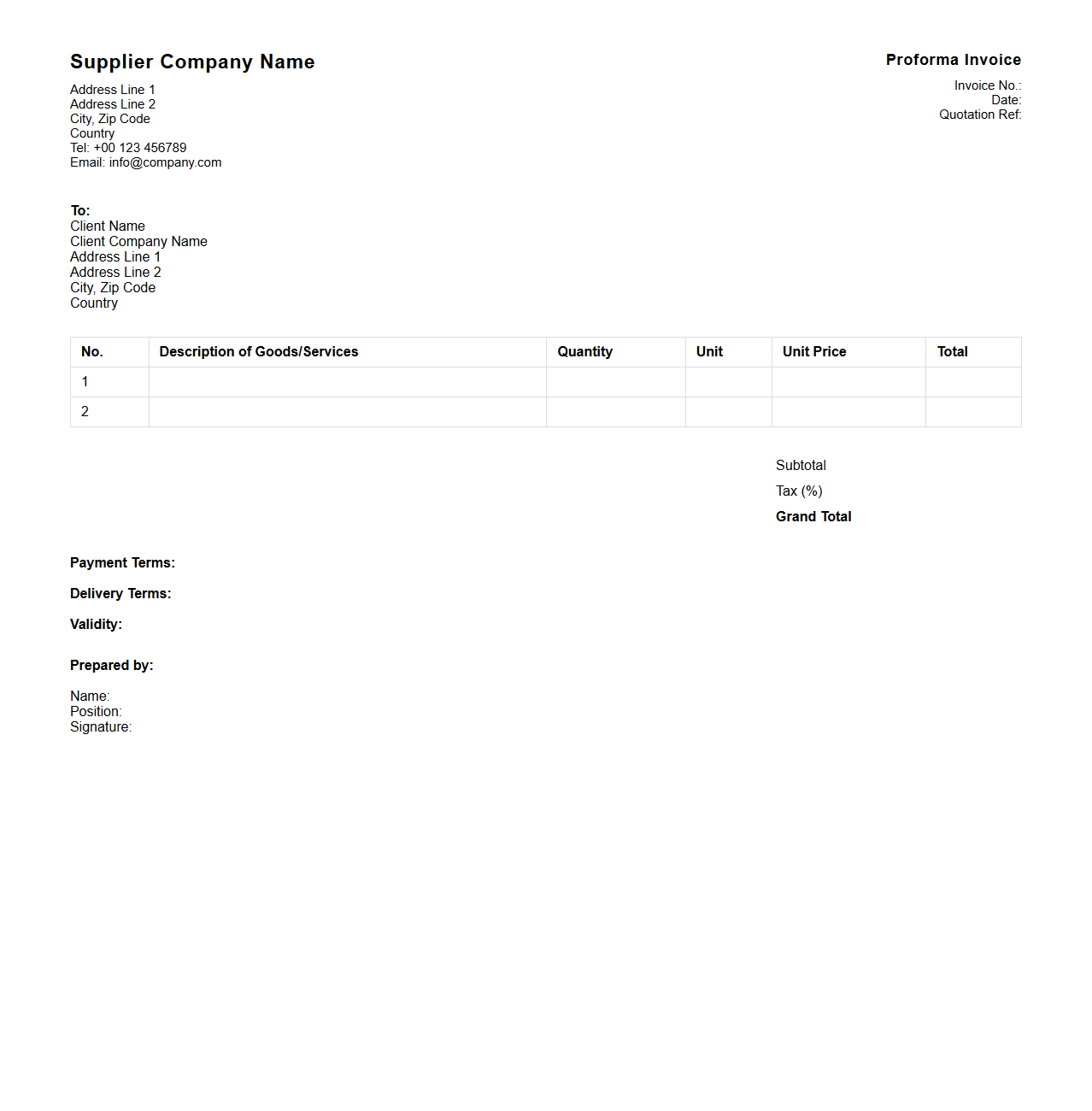 Standard Proforma Invoice for Quotation Purposes