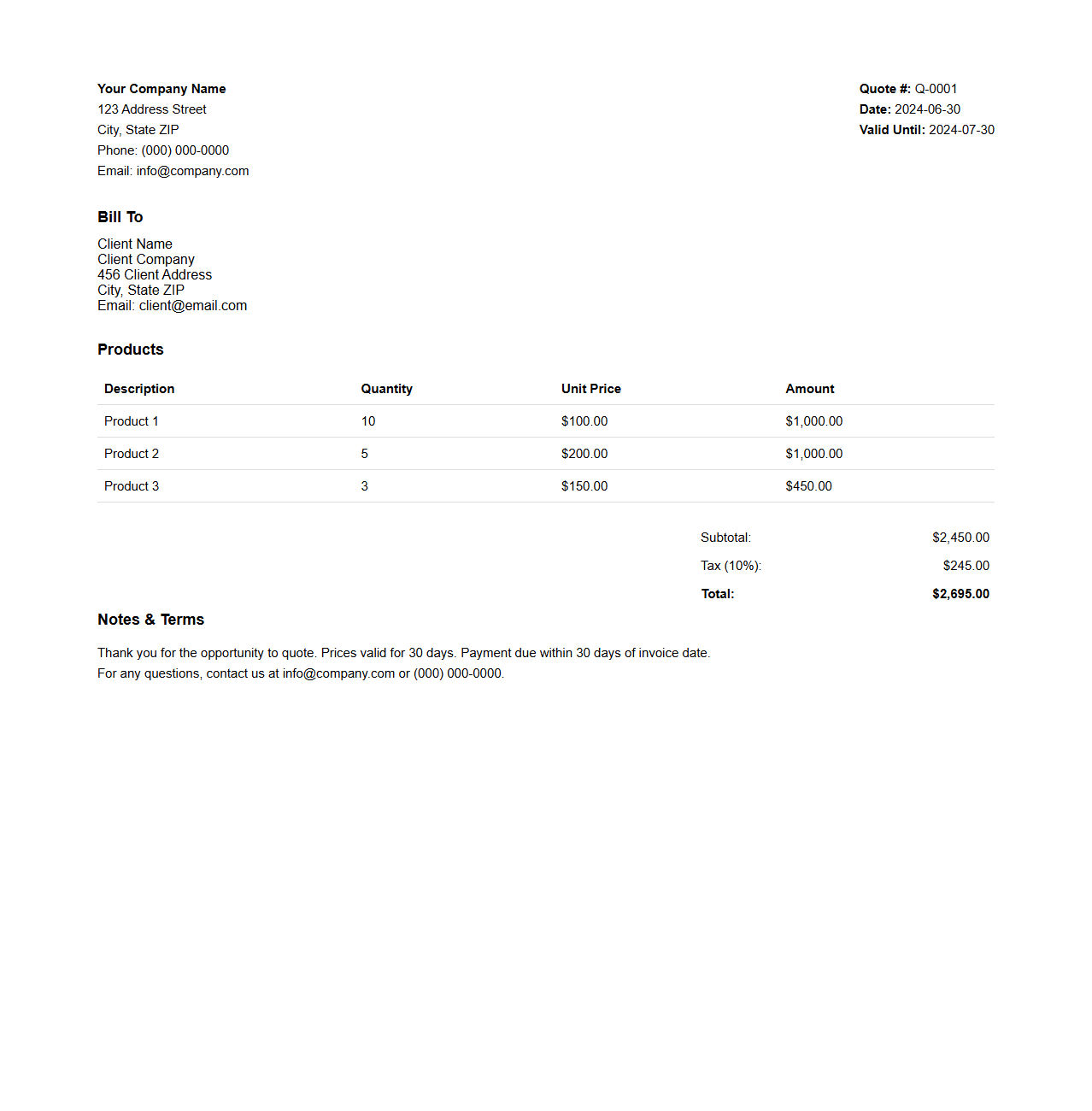 Standard Sales Quote Template for Products