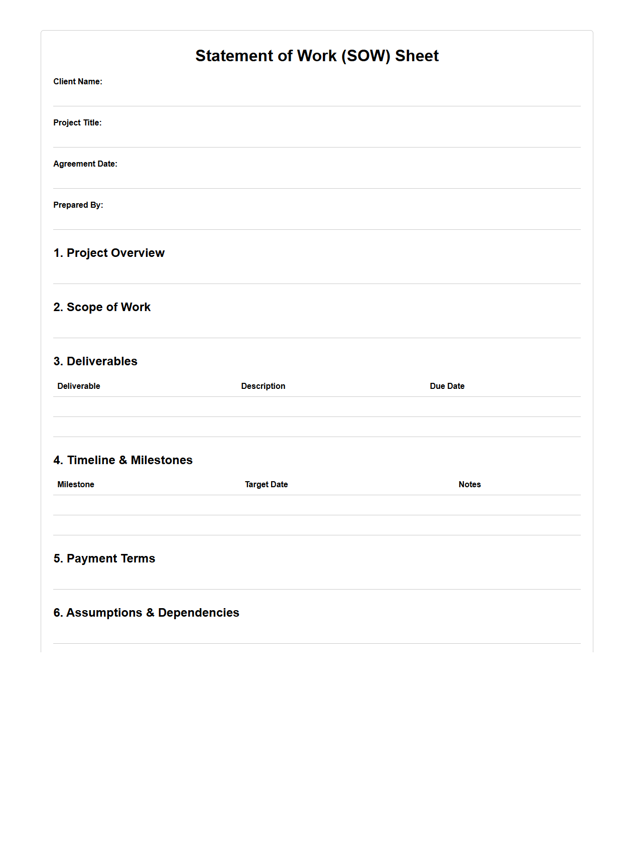 Standard SOW Sheet for Client Agreements