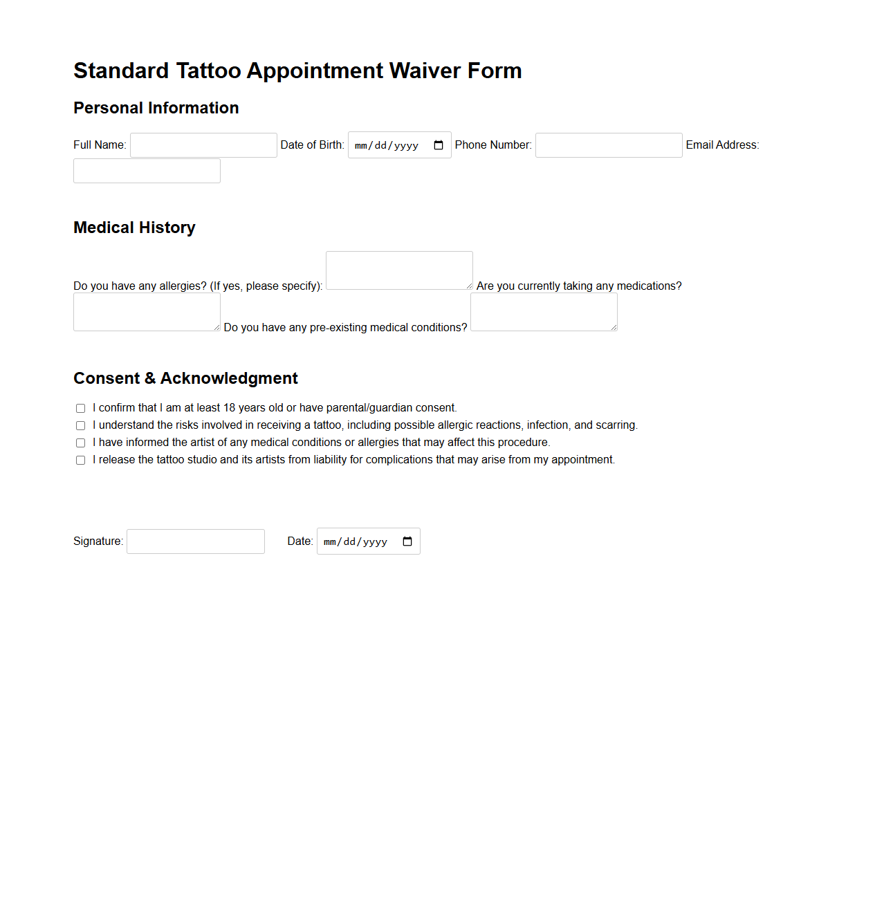 Standard Tattoo Appointment Waiver Form