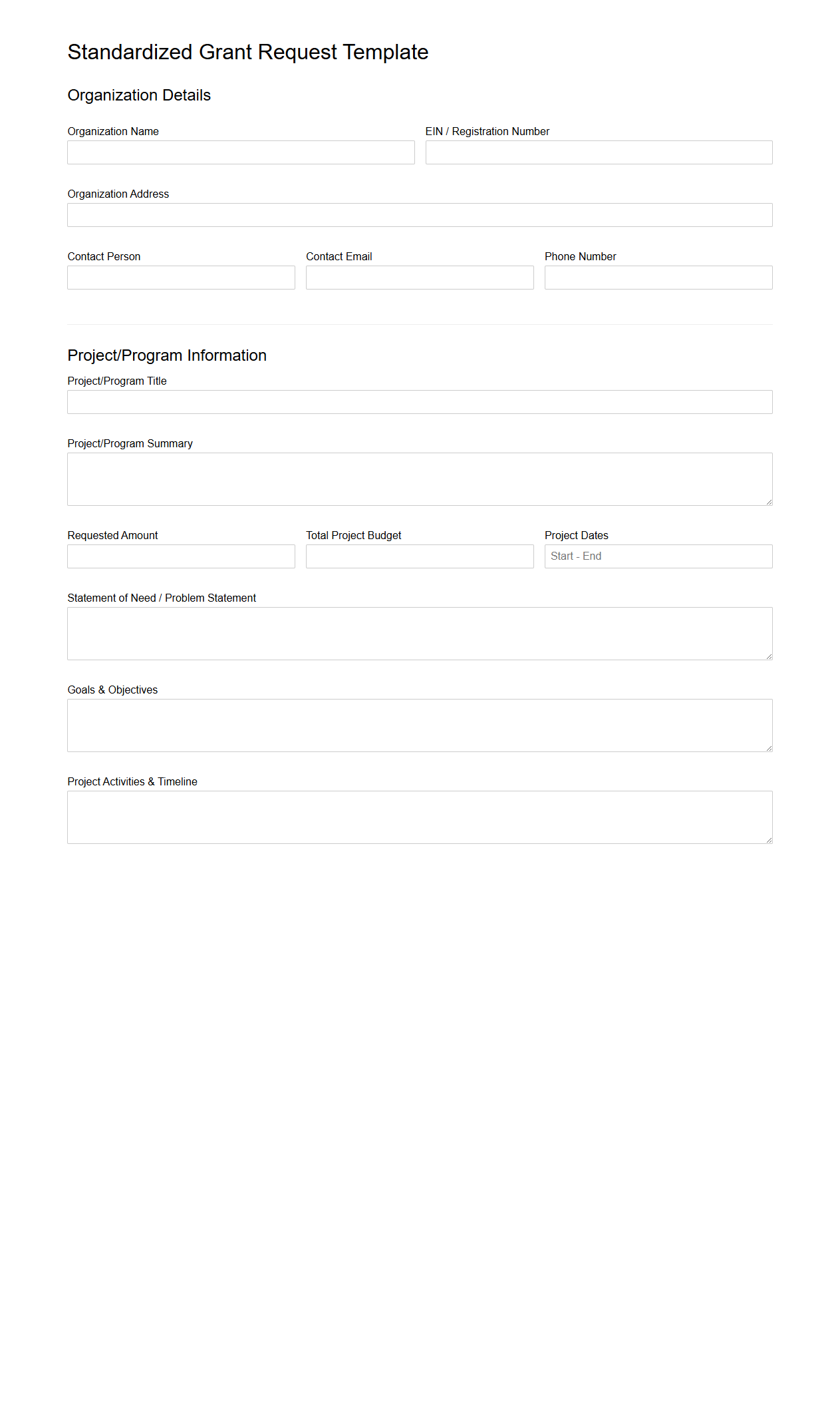 Standardized Grant Request Template