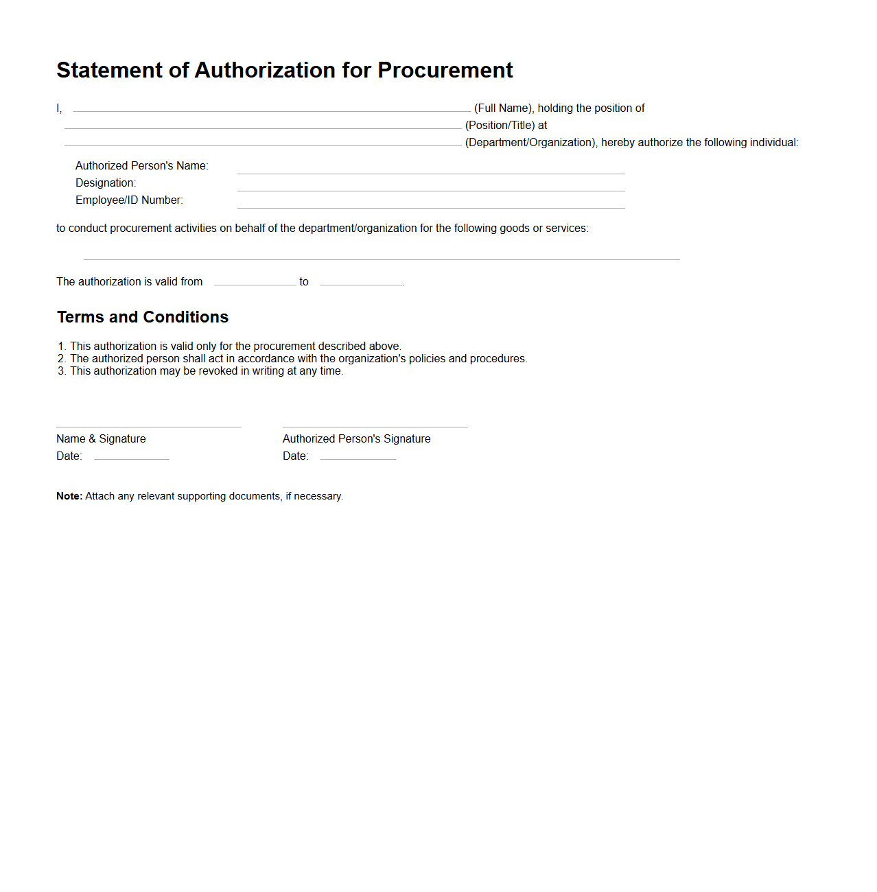Statement of Authorization for Procurement