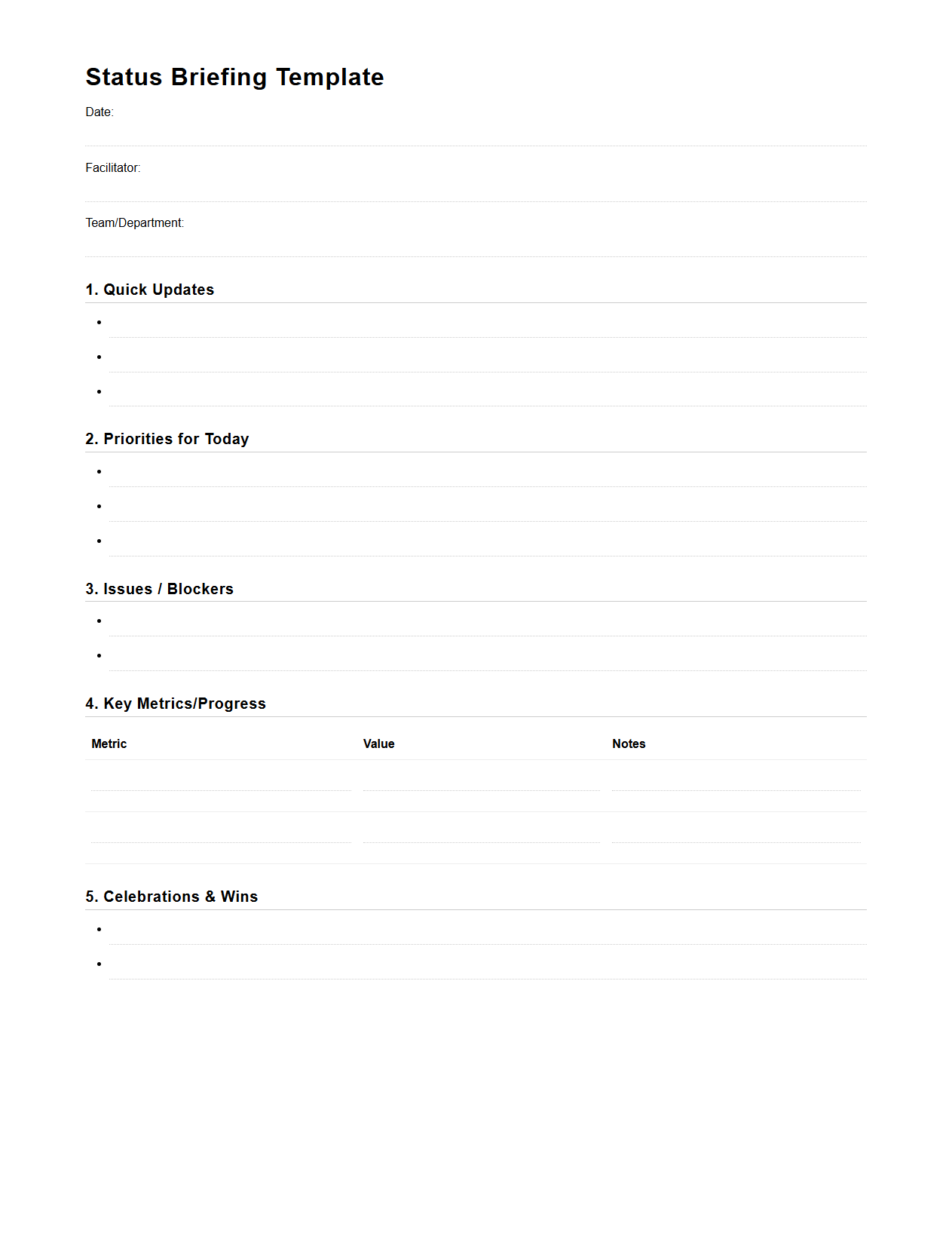 Status Briefing Template for Team Huddles