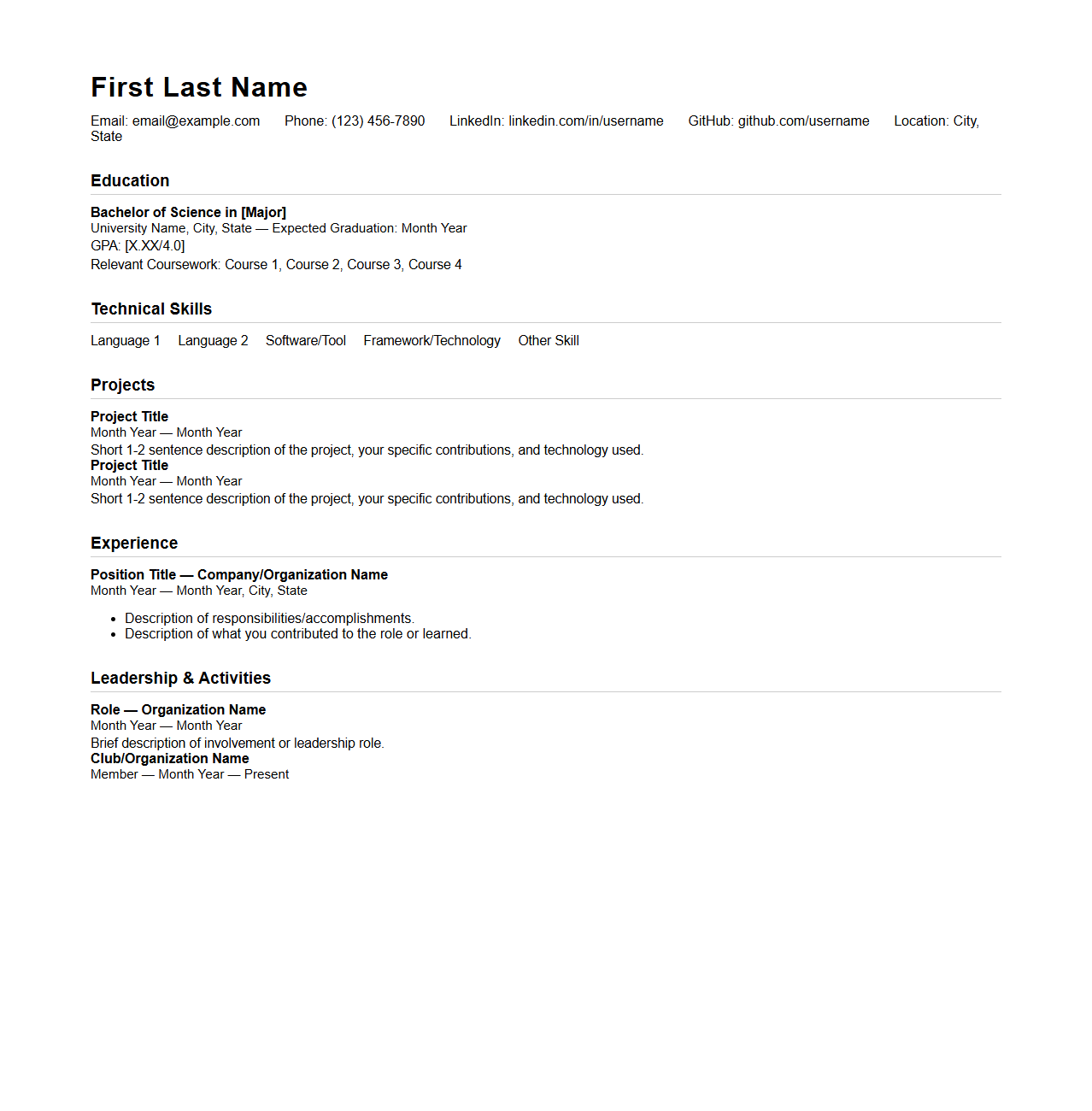 STEM Student Resume Template for Internship Positions