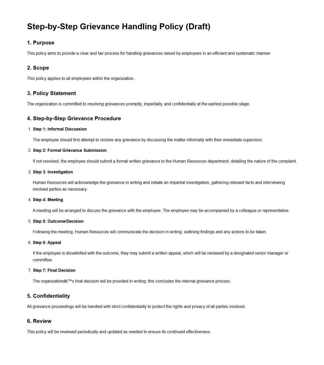 Step-by-Step Grievance Handling Draft Policy