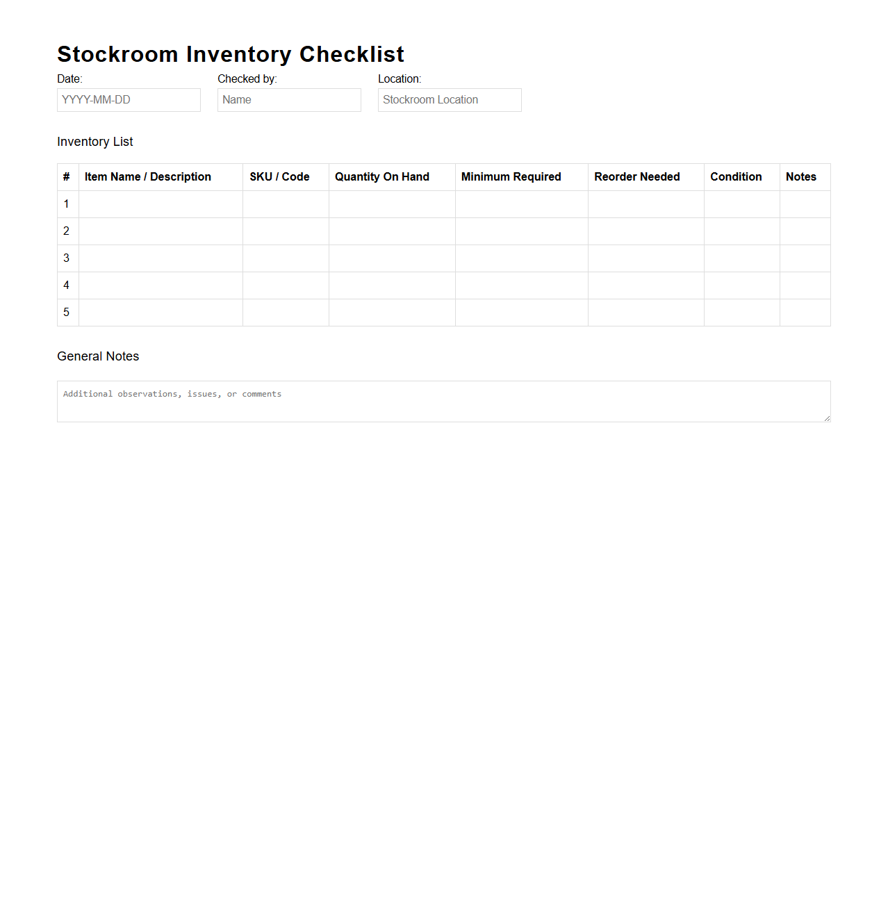 Stockroom Inventory Checklist Template for Small Businesses