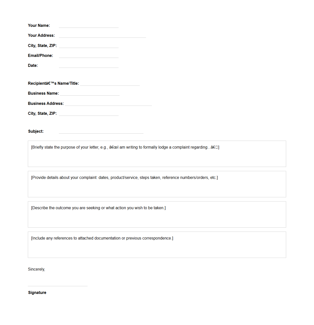 Structured Blank Complaint Letter to Business