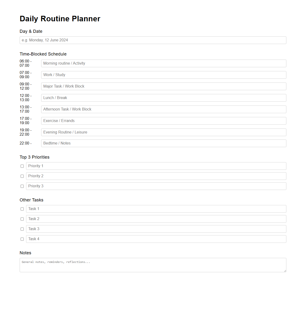 Structured Daily Routine Planner Page