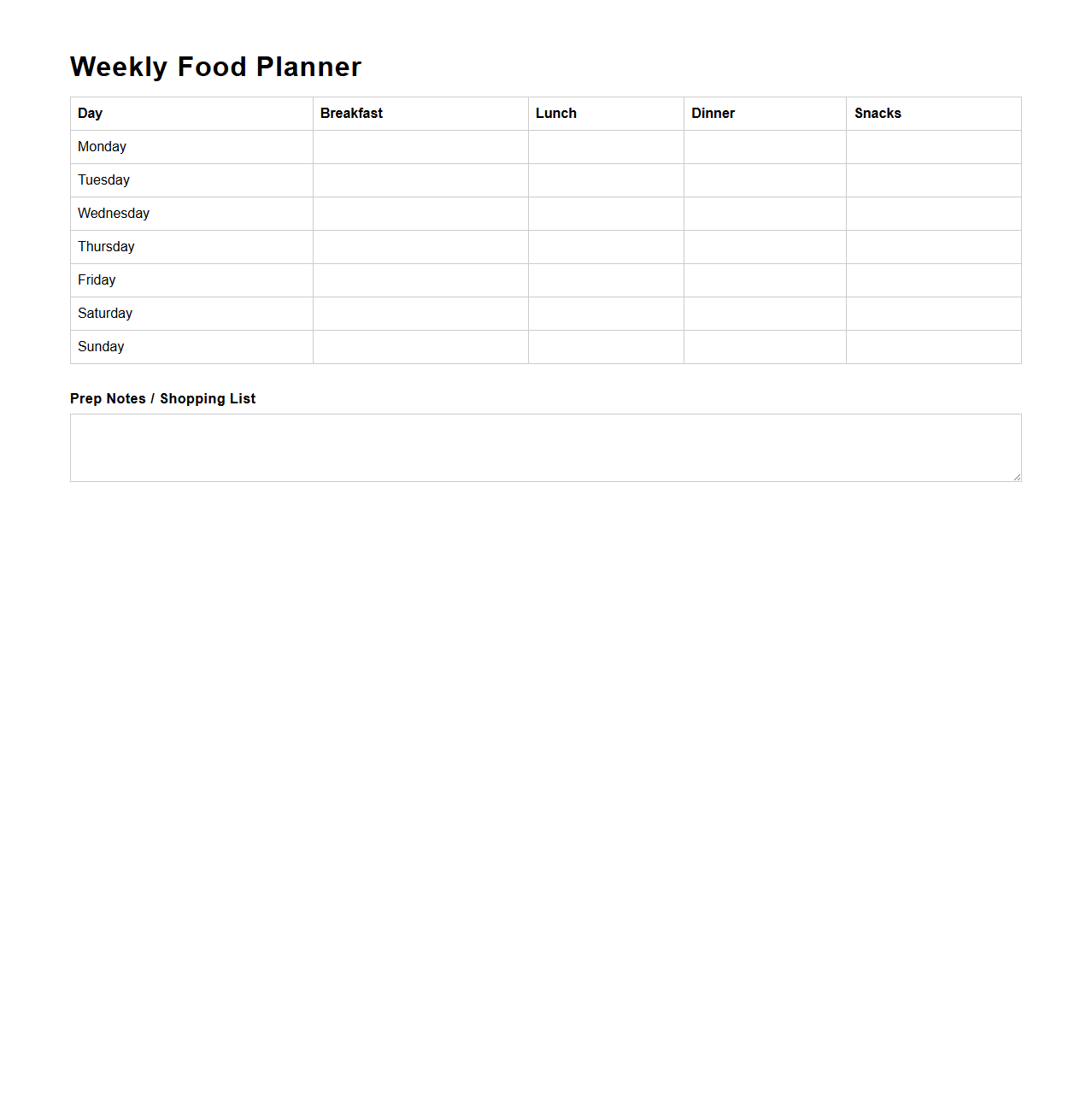 Structured Weekly Food Planner for Meal Prep