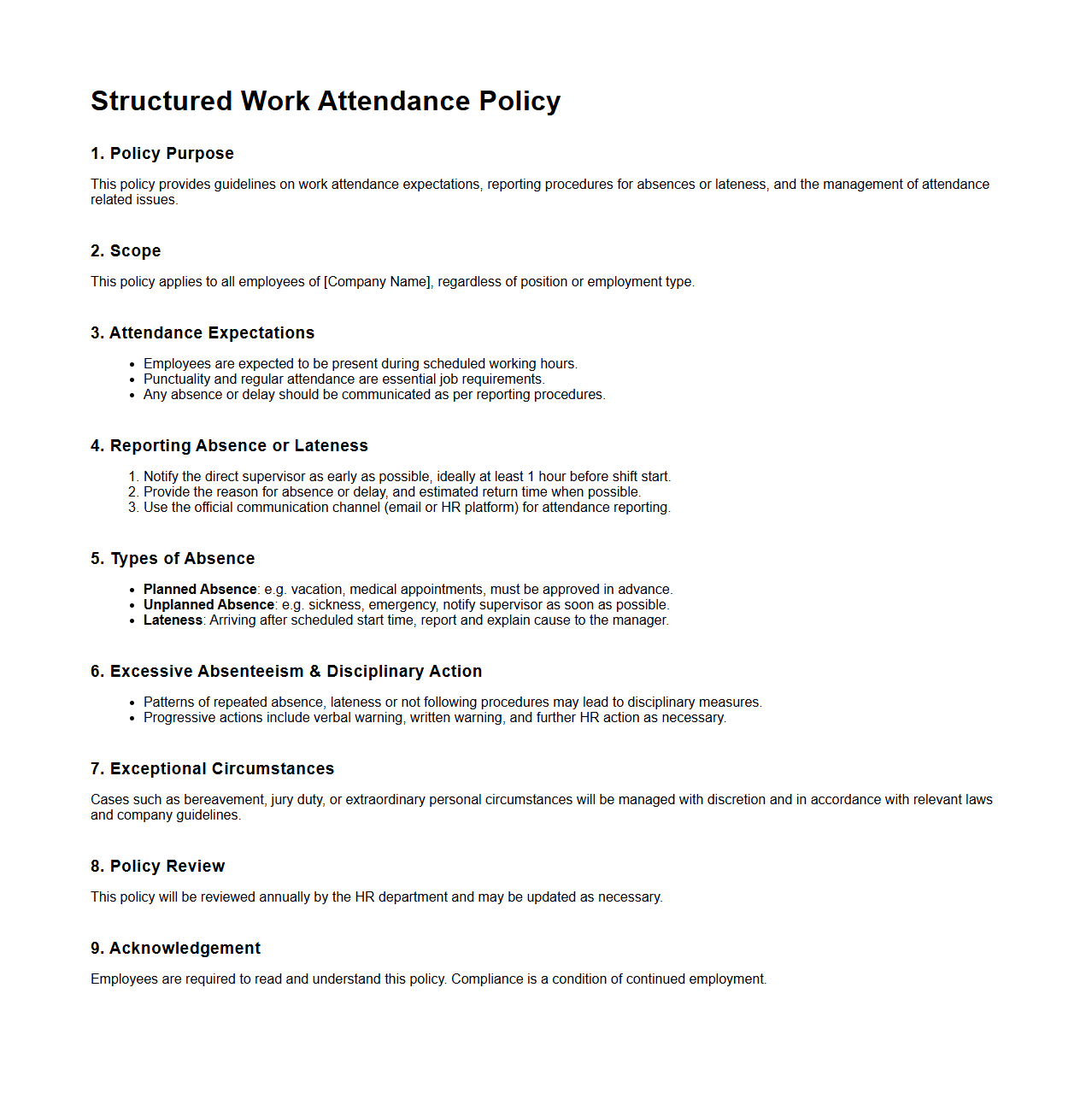 Structured Work Attendance Policy for HR Teams