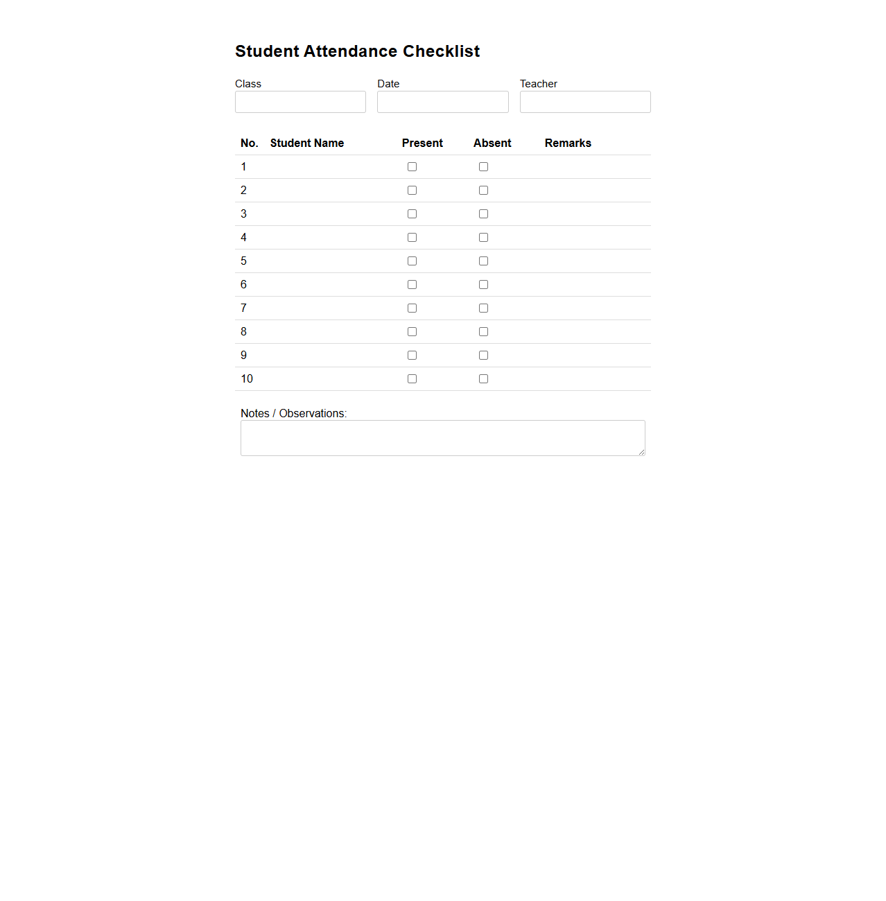 Student Attendance Checklist for Classrooms