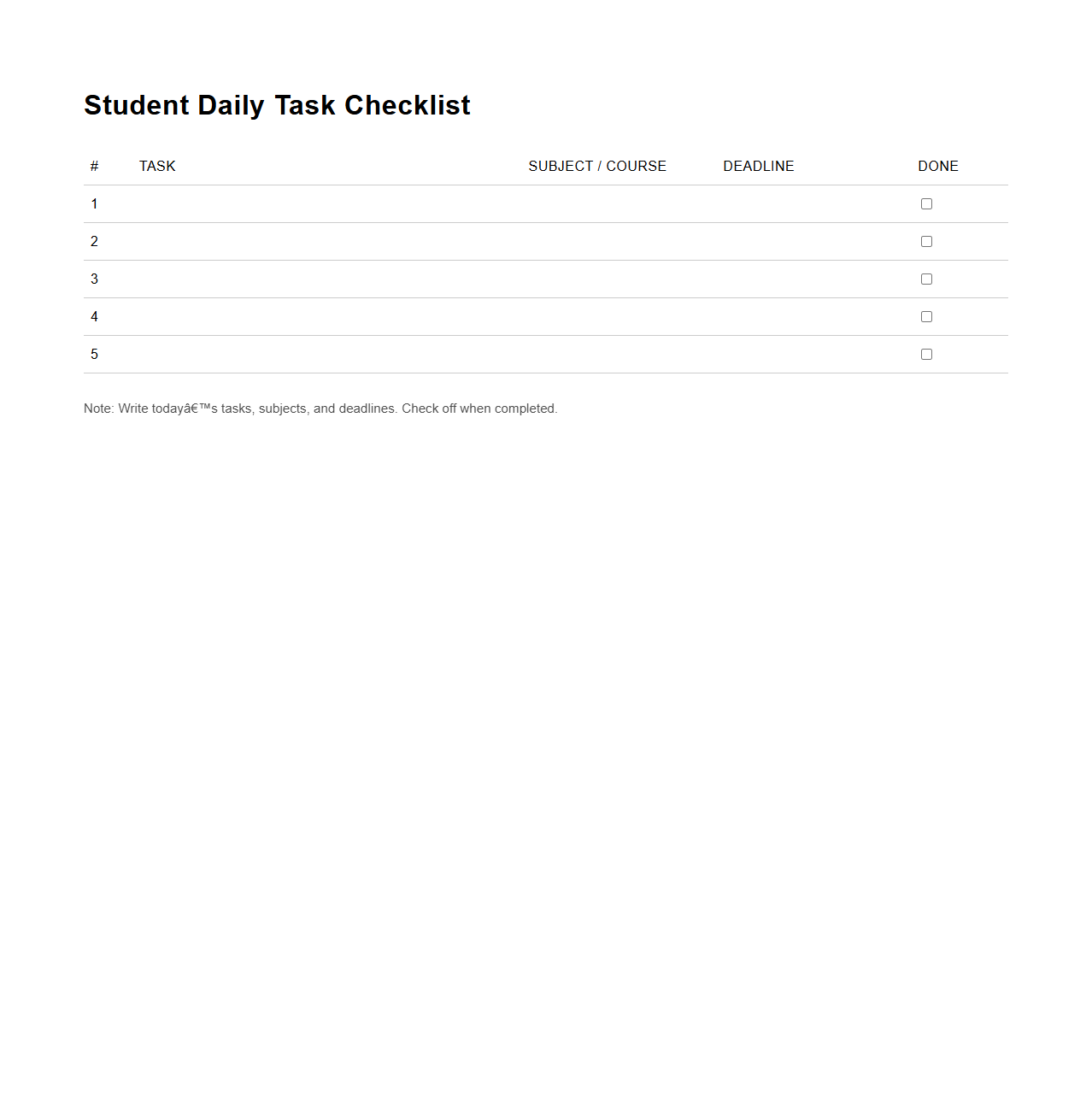 Student Daily Task Checklist Outline
