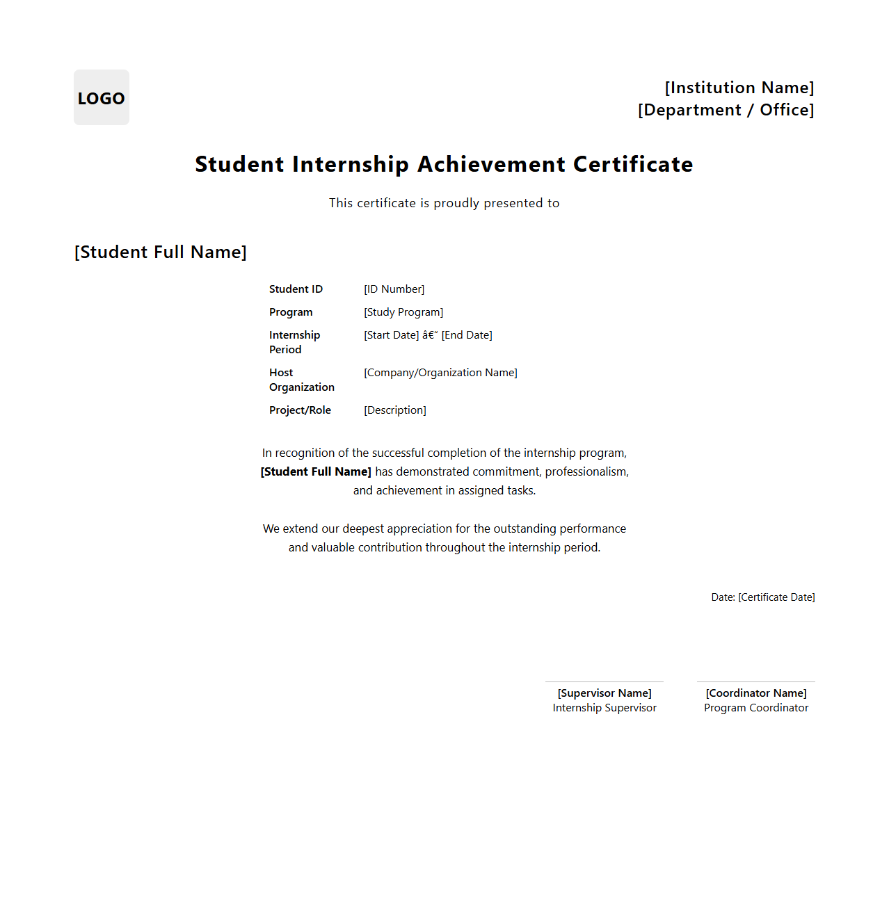 Student Internship Achievement Certificate Layout