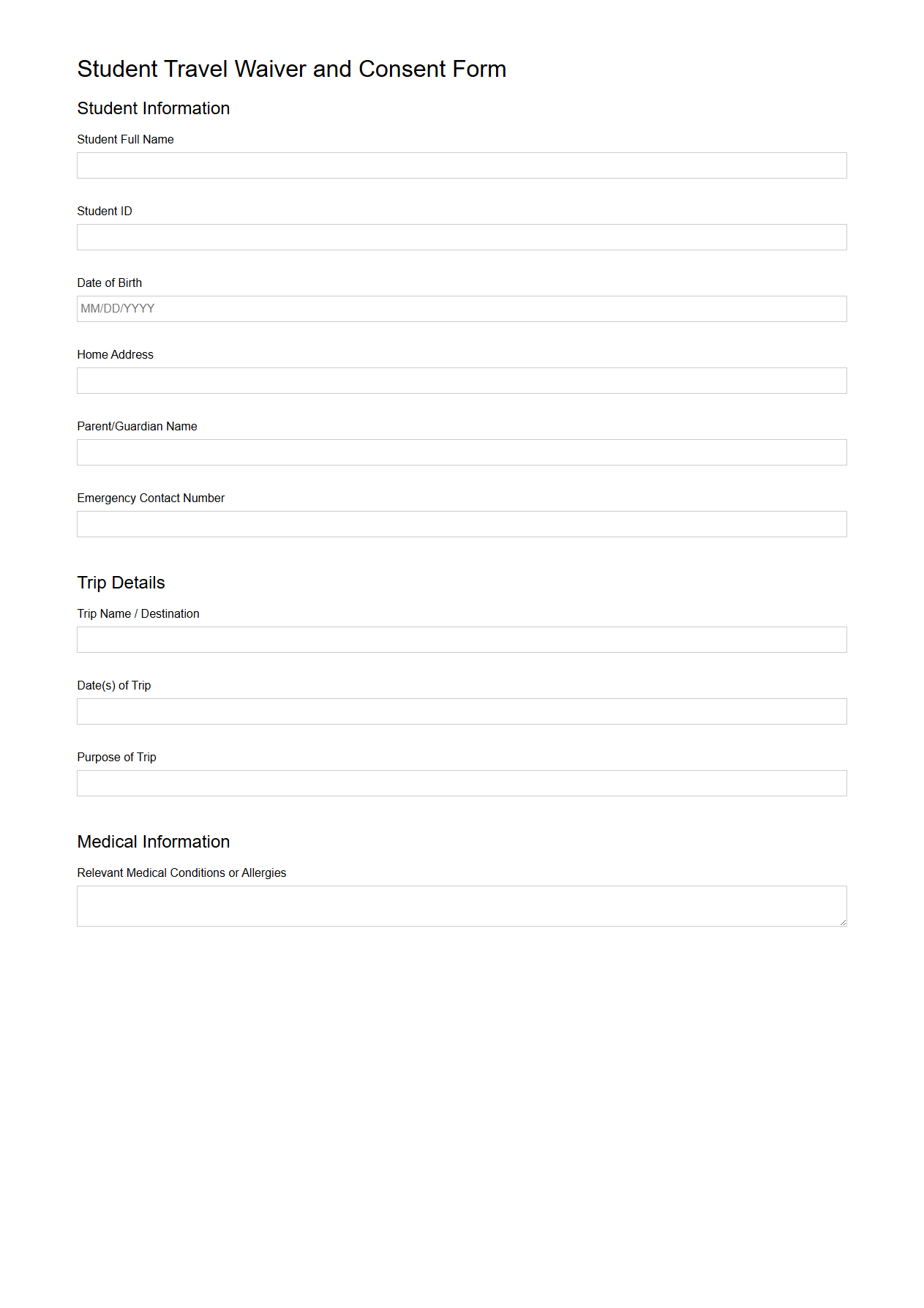Student Travel Waiver and Consent Form