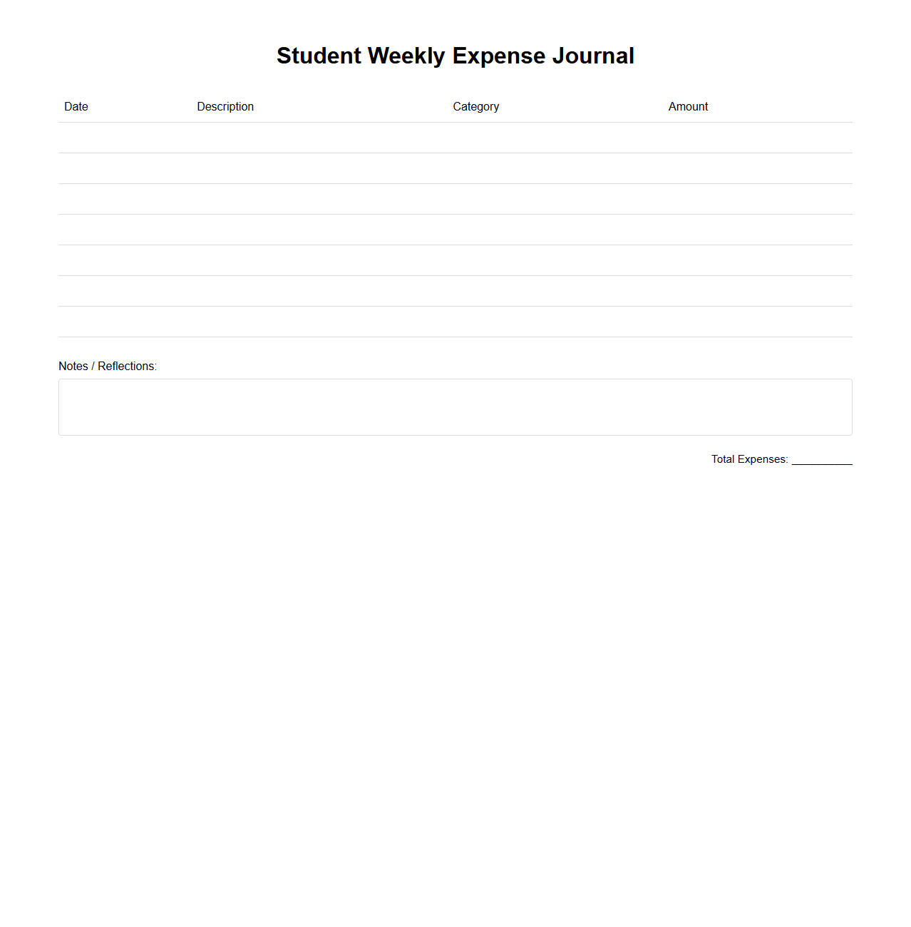 Student Weekly Expense Journal