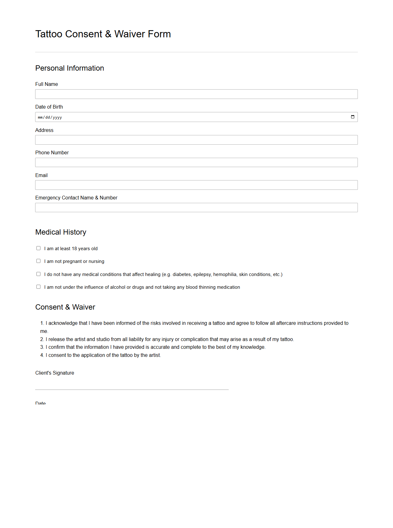 Tattoo Consent Waiver Form Template