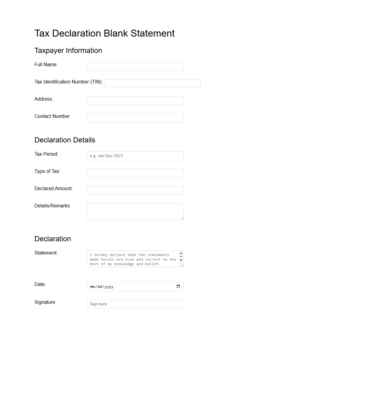 Tax Declaration Blank Statement