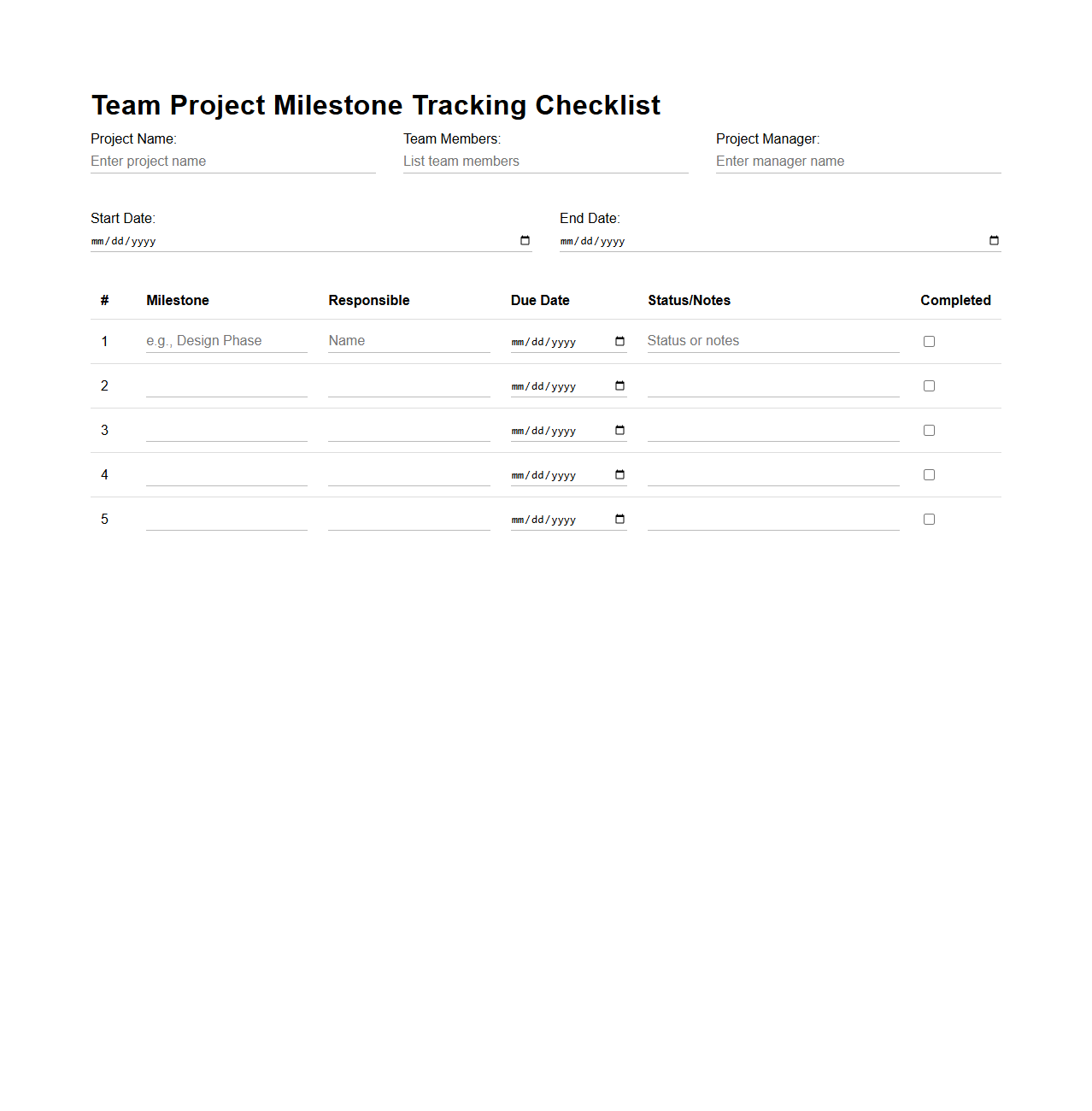 Team Project Milestone Tracking Checklist