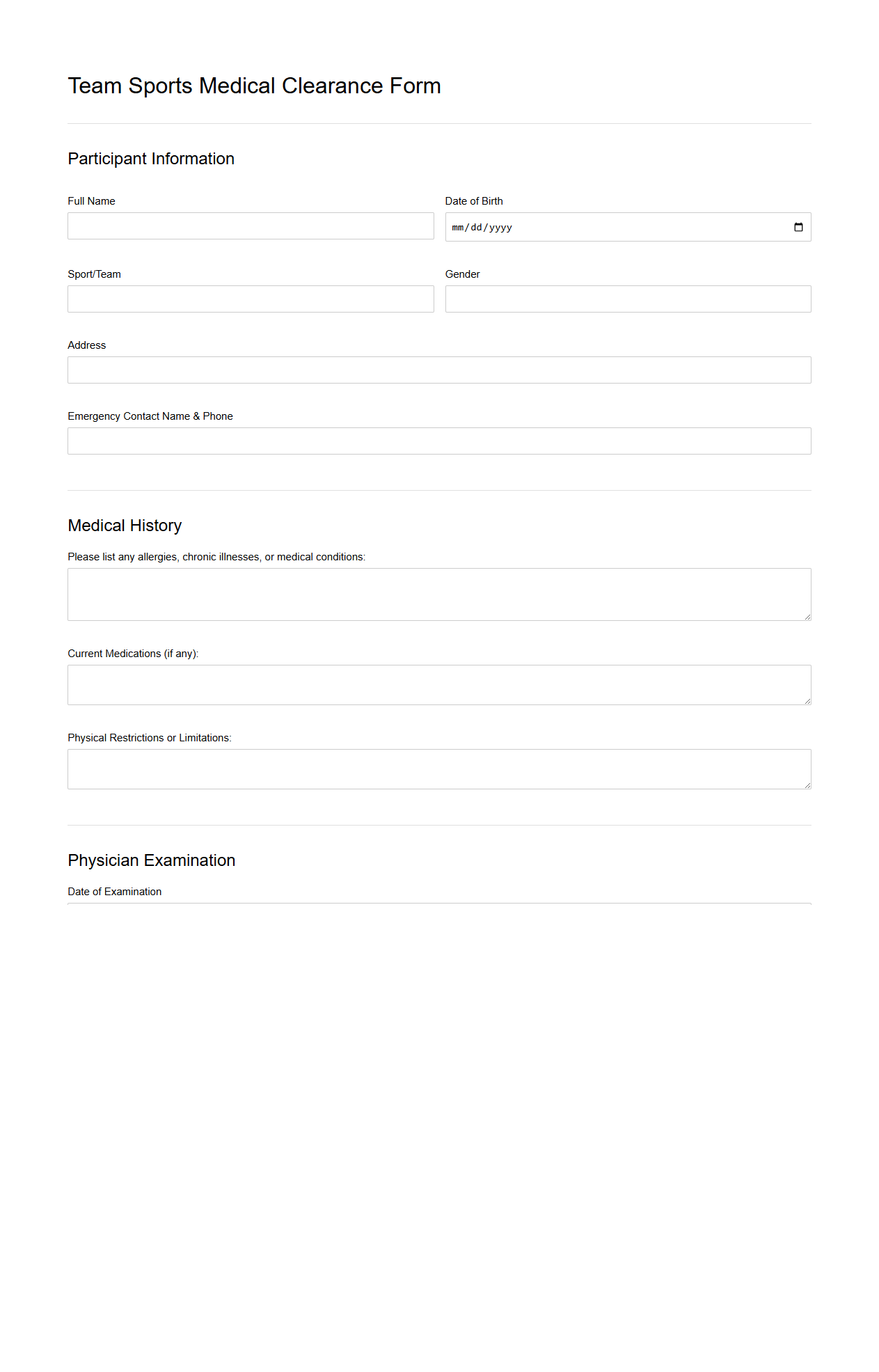 Team Sports Medical Clearance Form Template