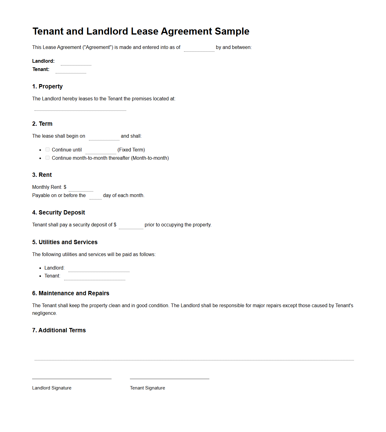 Tenant and Landlord Lease Agreement Sample