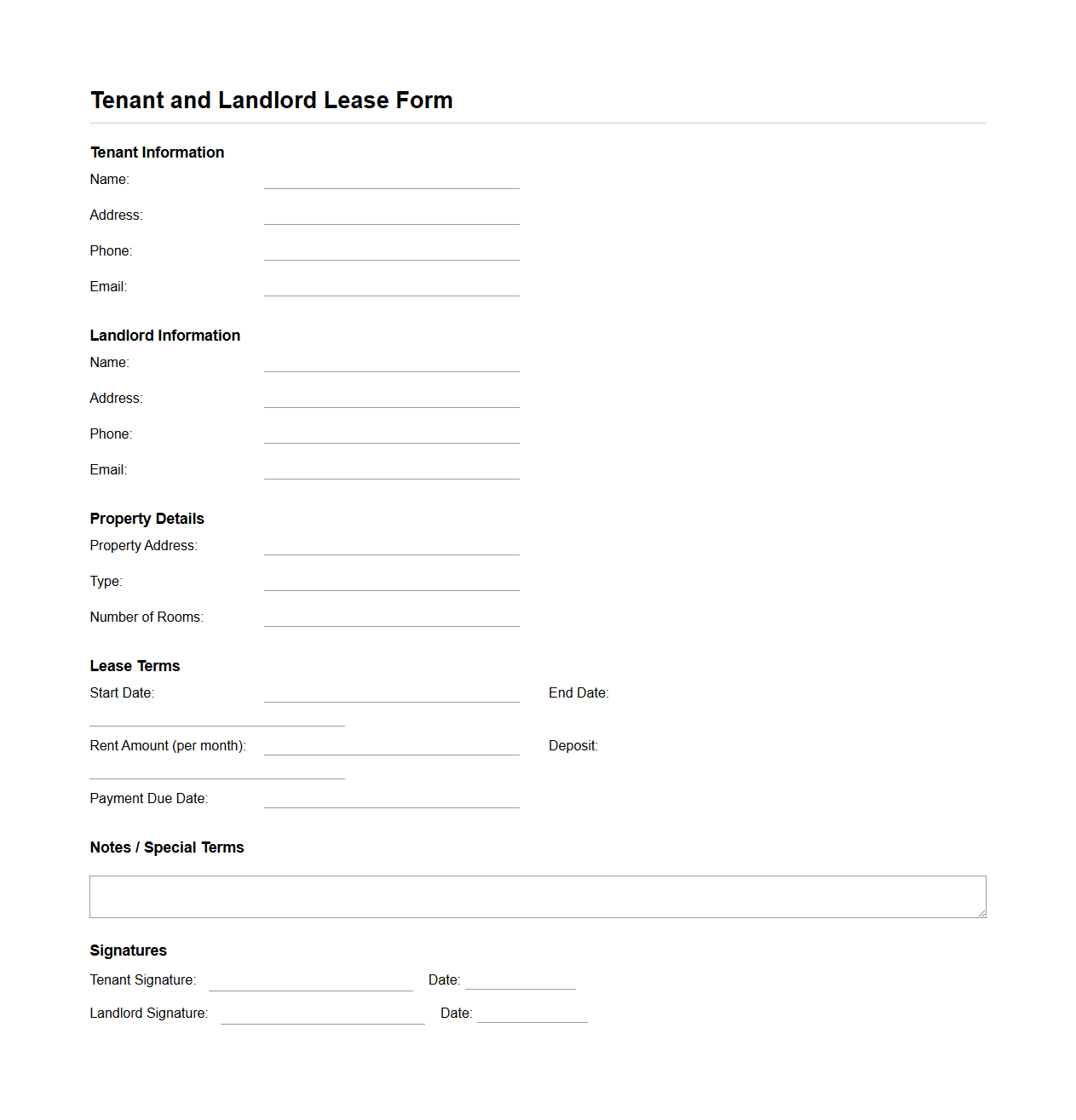 Tenant and Landlord Lease Form