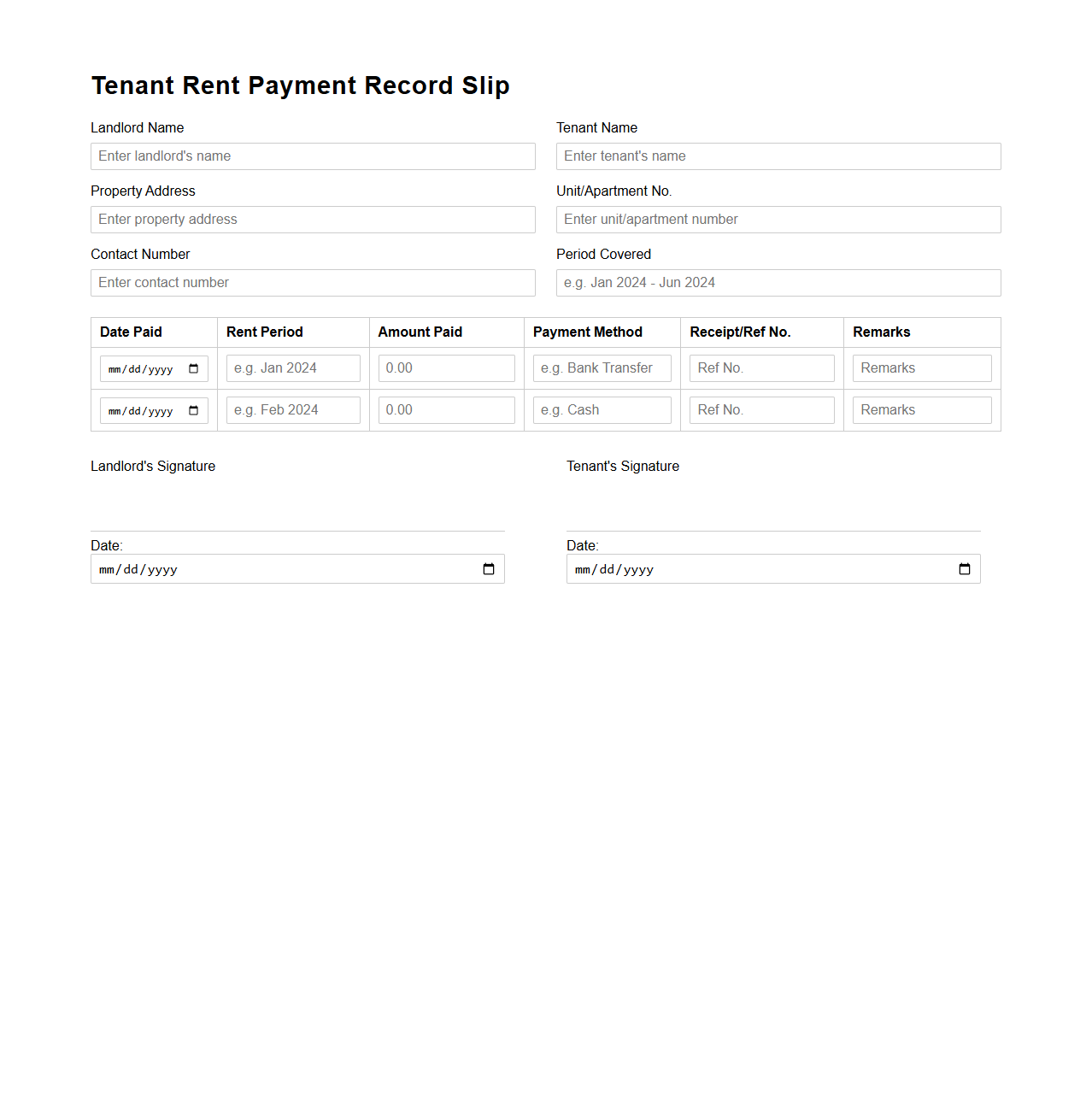 Tenant Rent Payment Record Slip for Landlords