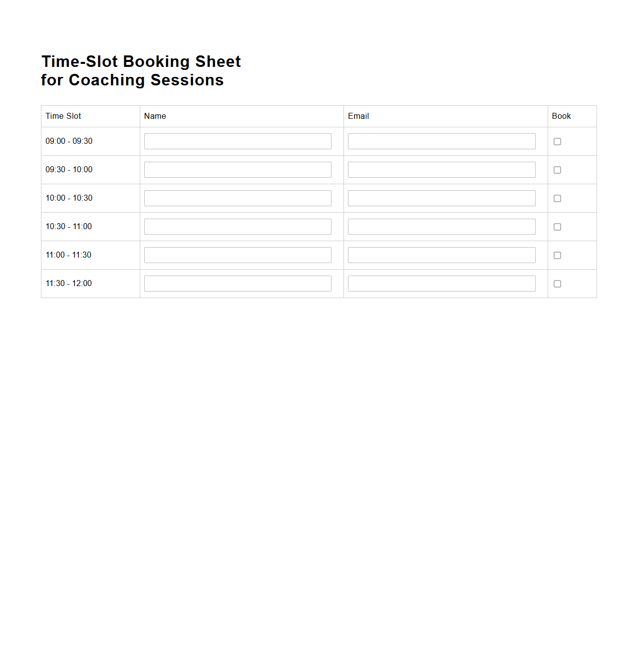 Time-Slot Booking Sheet for Coaching Sessions