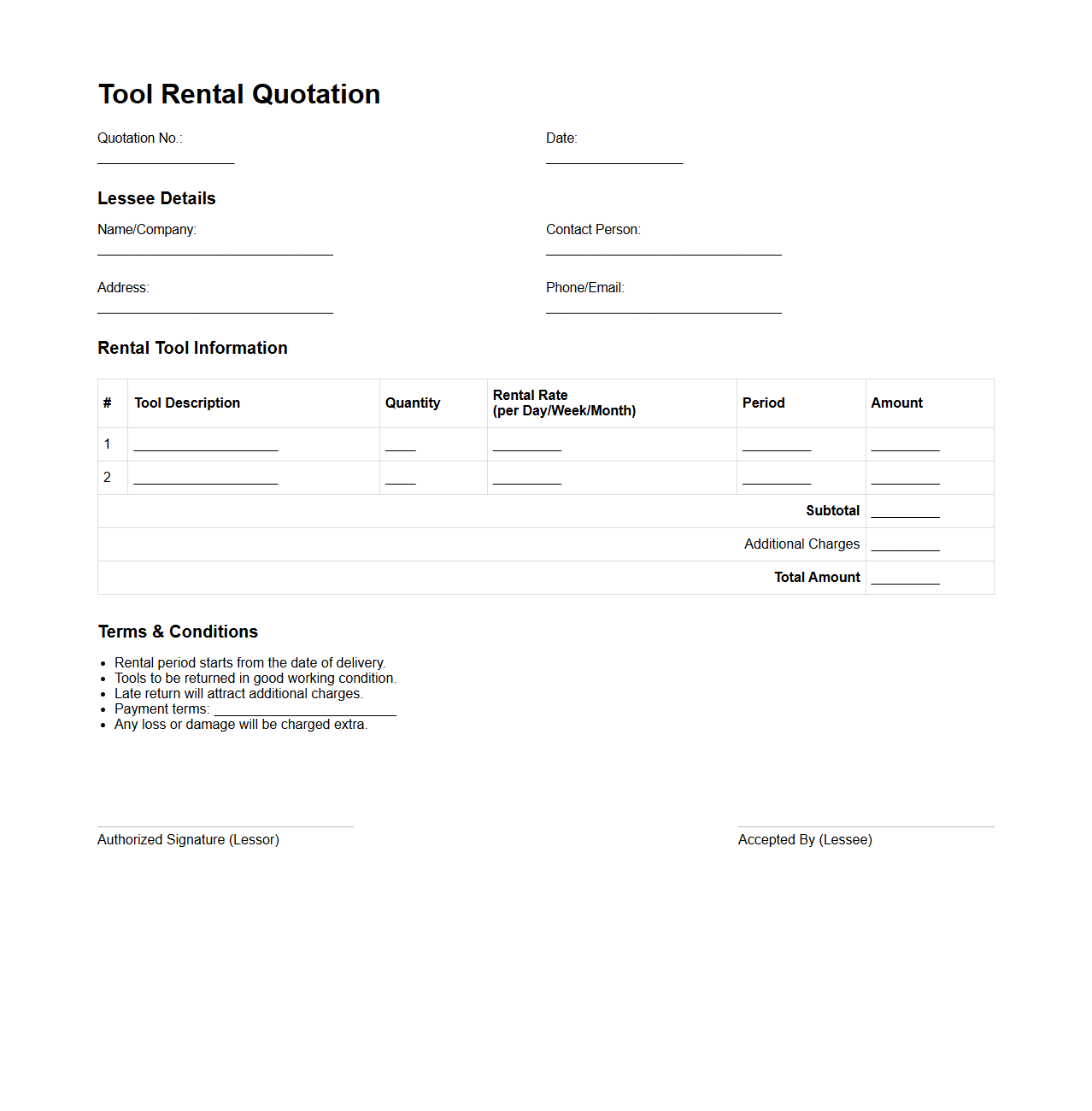 Tool Rental Quotation Format for Lease