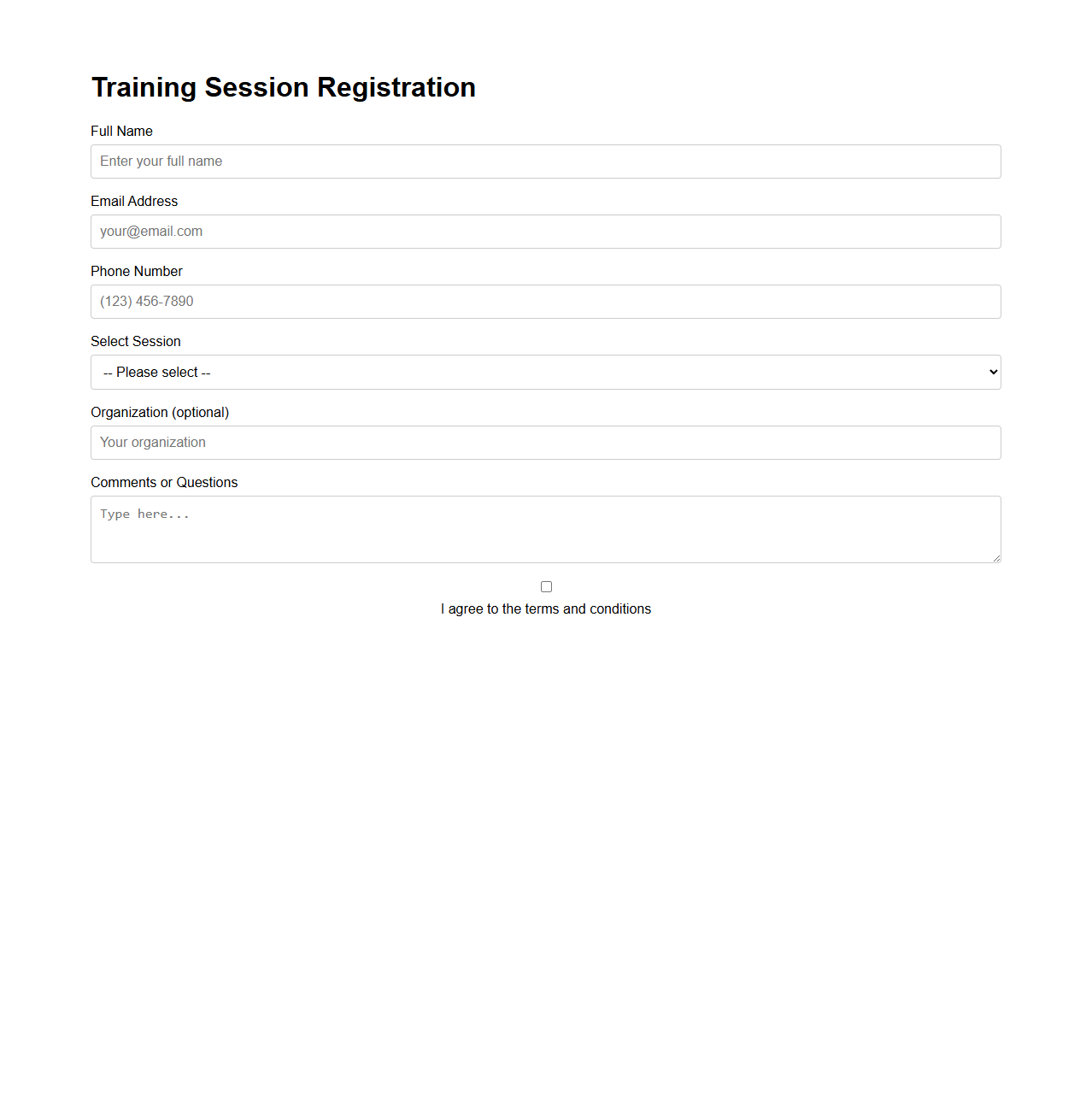 Training Session Registration Template