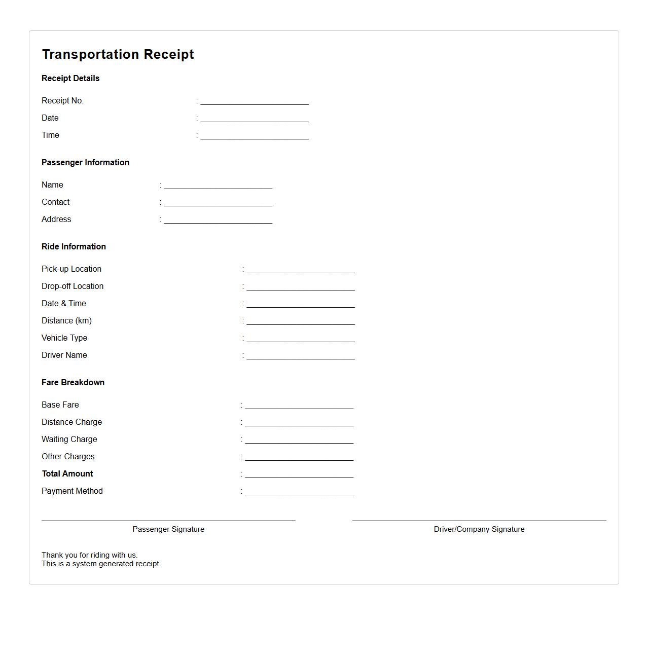 Transportation Receipt Template for Passenger Rides