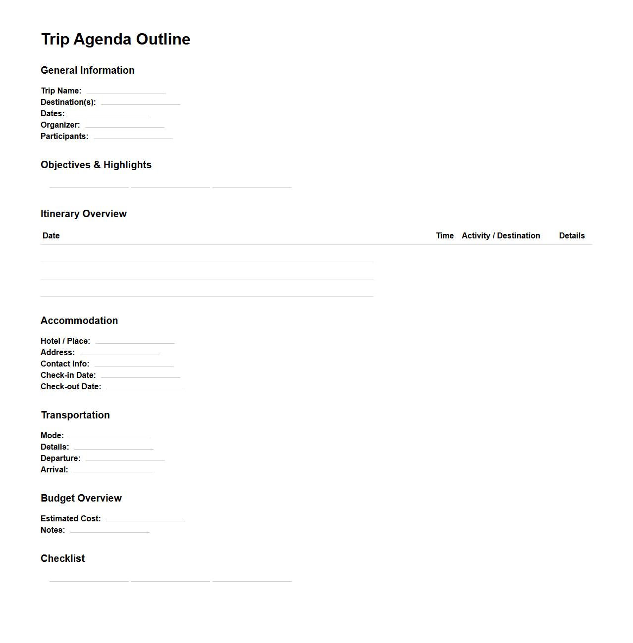 Trip Agenda Outline for Journey Organization