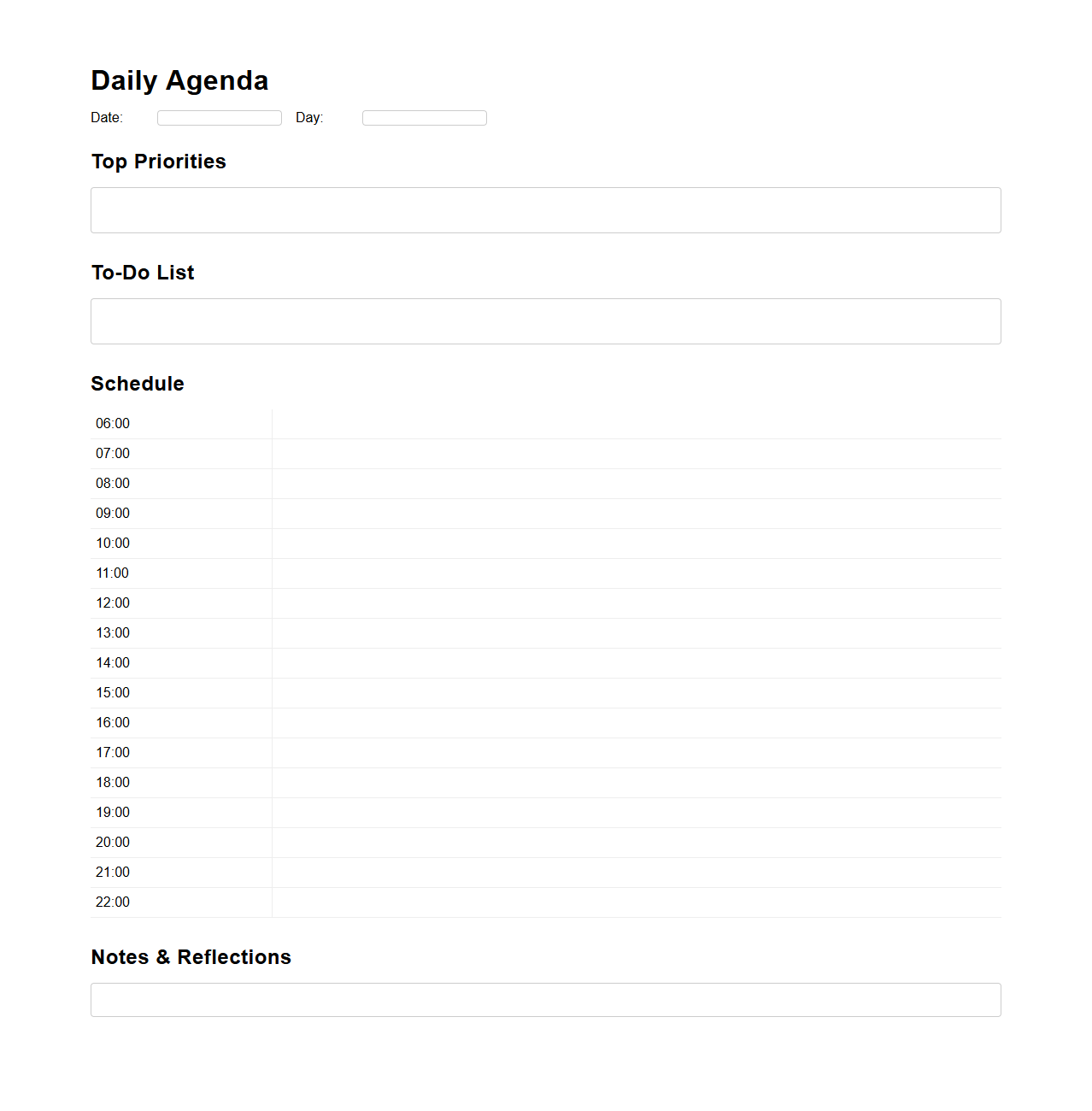 Undated Daily Agenda Template for Flexible Planning