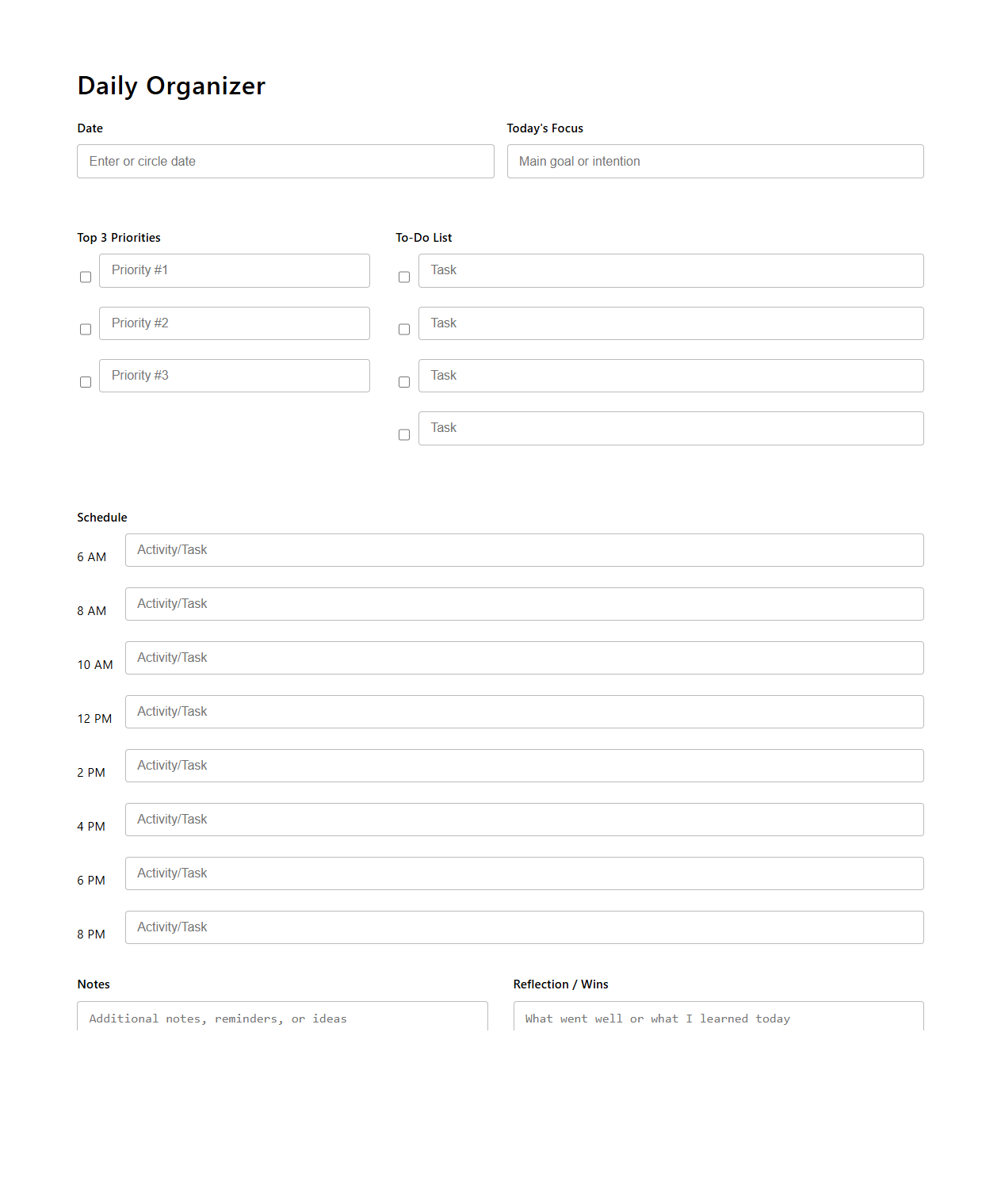 Undated Daily Organizer Layout for Productive Planning