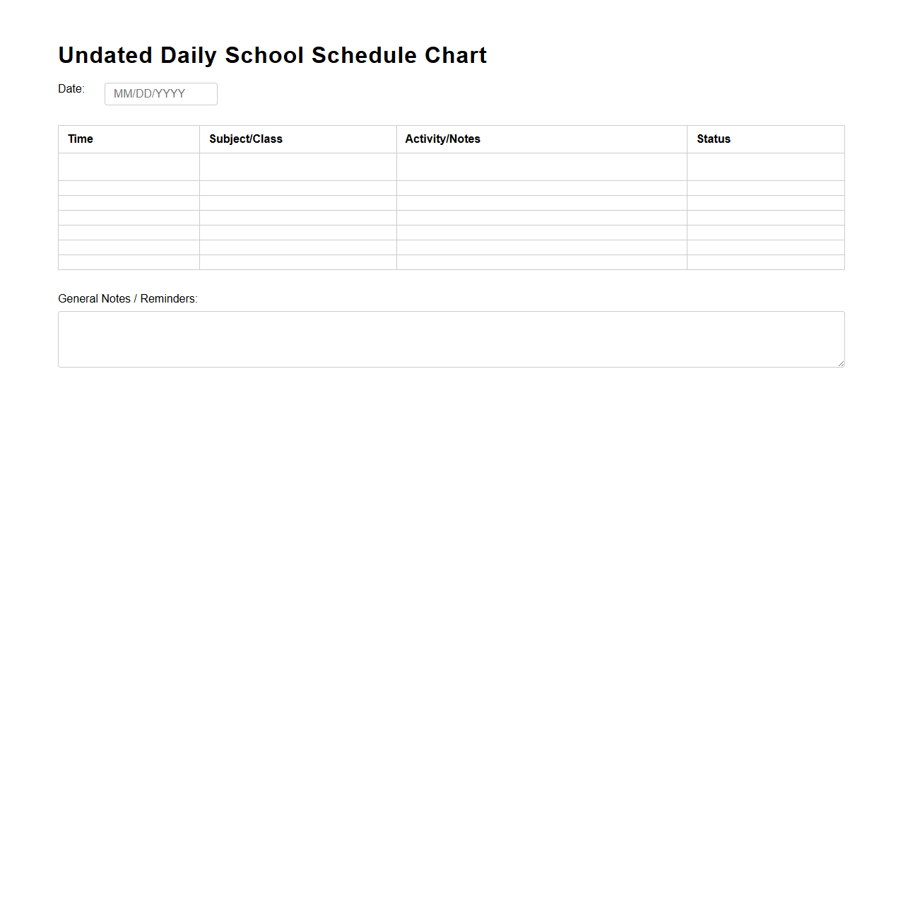 Undated Daily School Schedule Chart