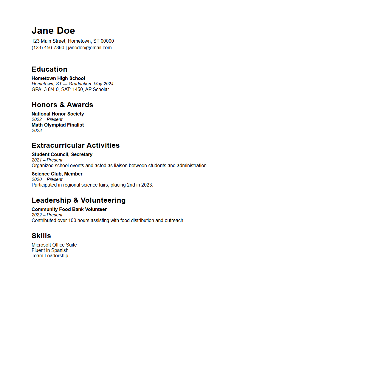 Undergraduate Admissions Resume Format