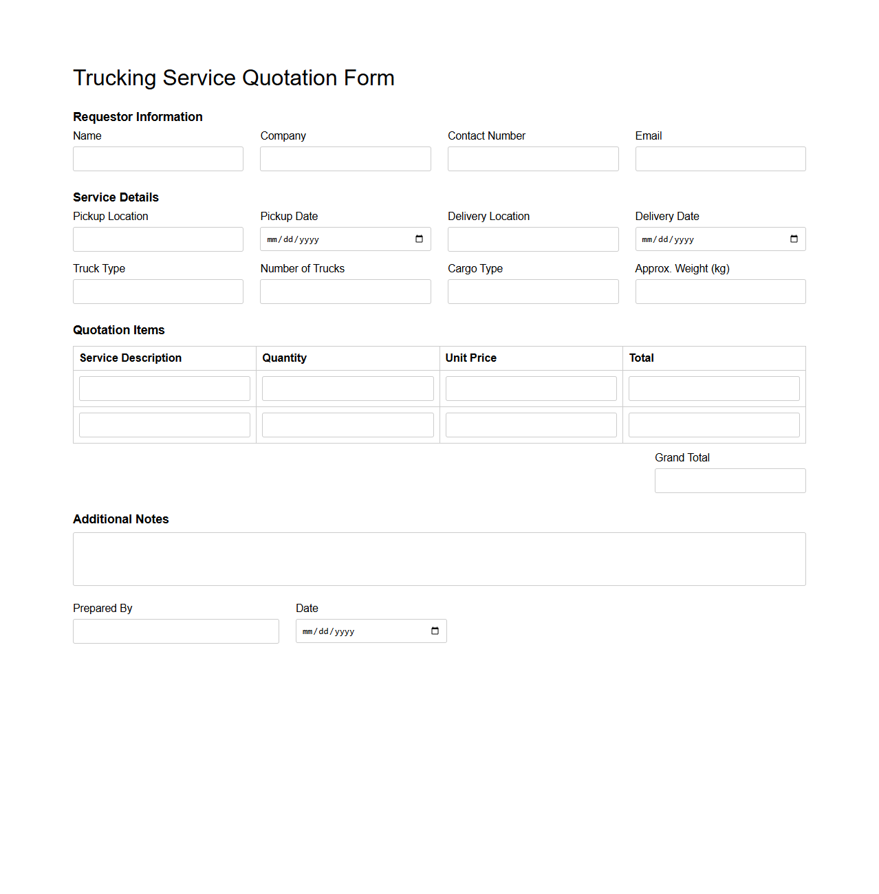 Unfilled Trucking Service Quotation Form