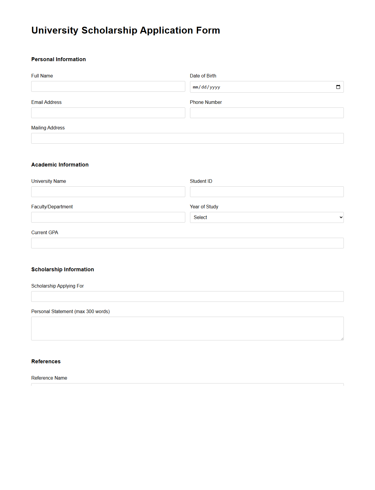 University Scholarship Application Form Sample