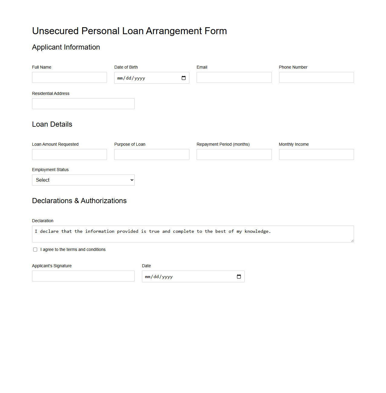 Unsecured Personal Loan Arrangement Form