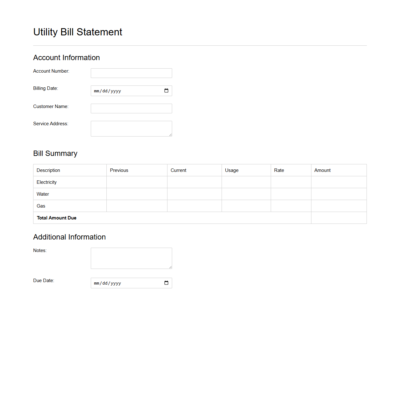 Utility Bill Statement Form