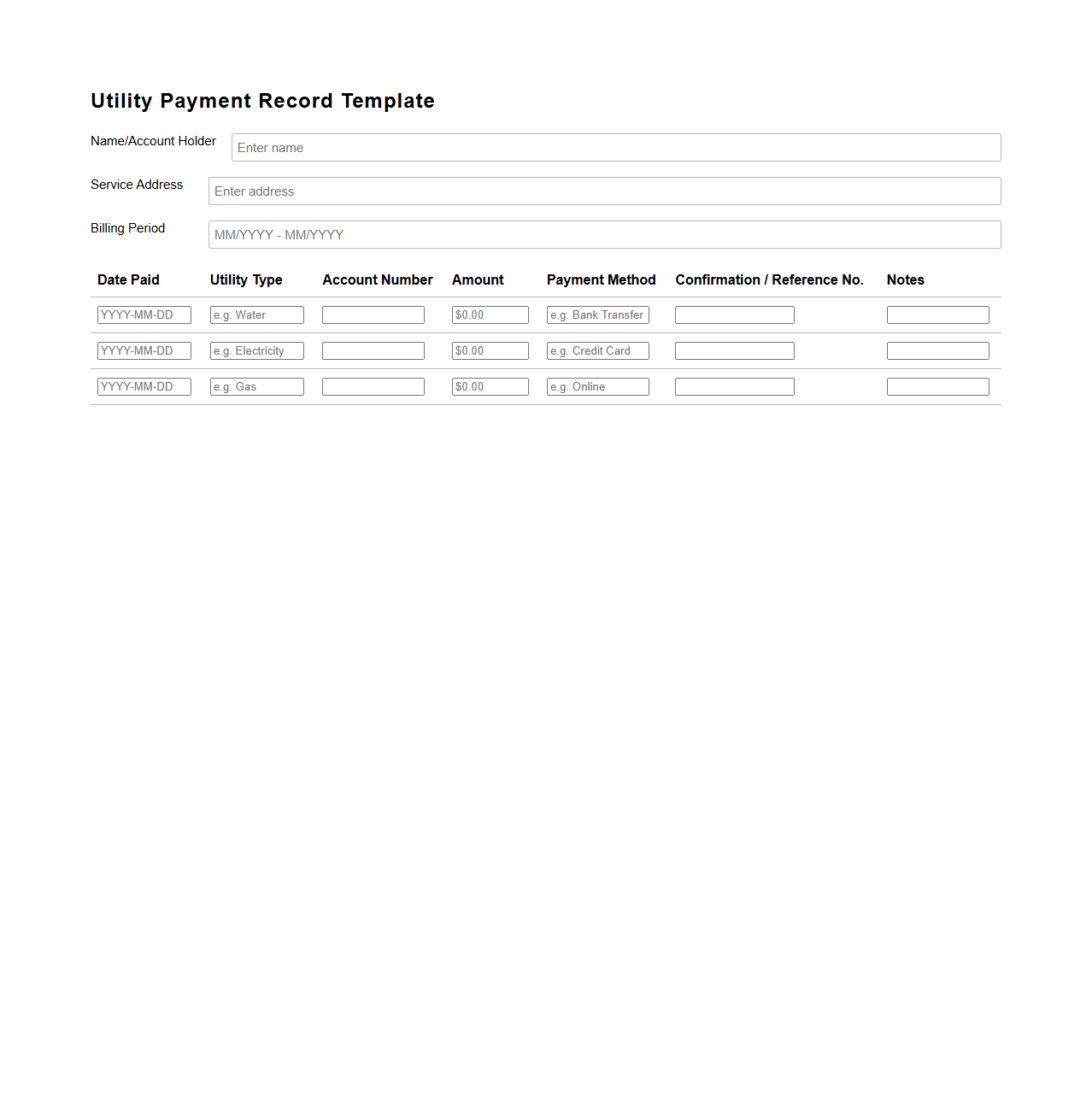 Utility Payment Record Template