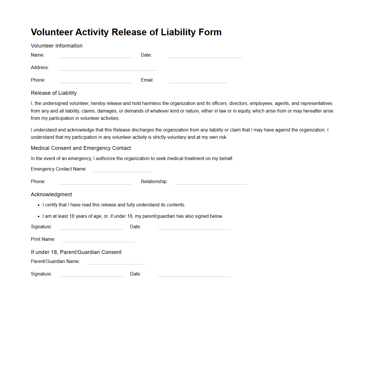 Volunteer Activity Release of Liability Form