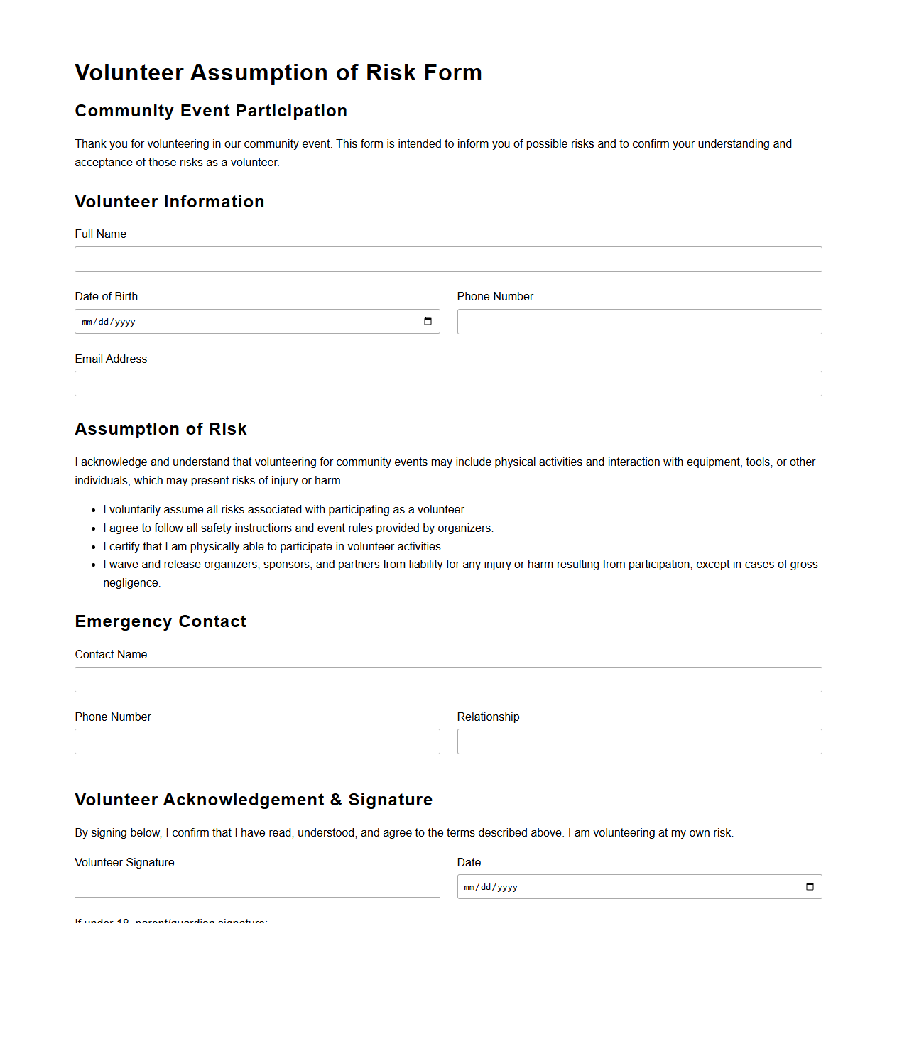 Volunteer Assumption of Risk Form for Community Events